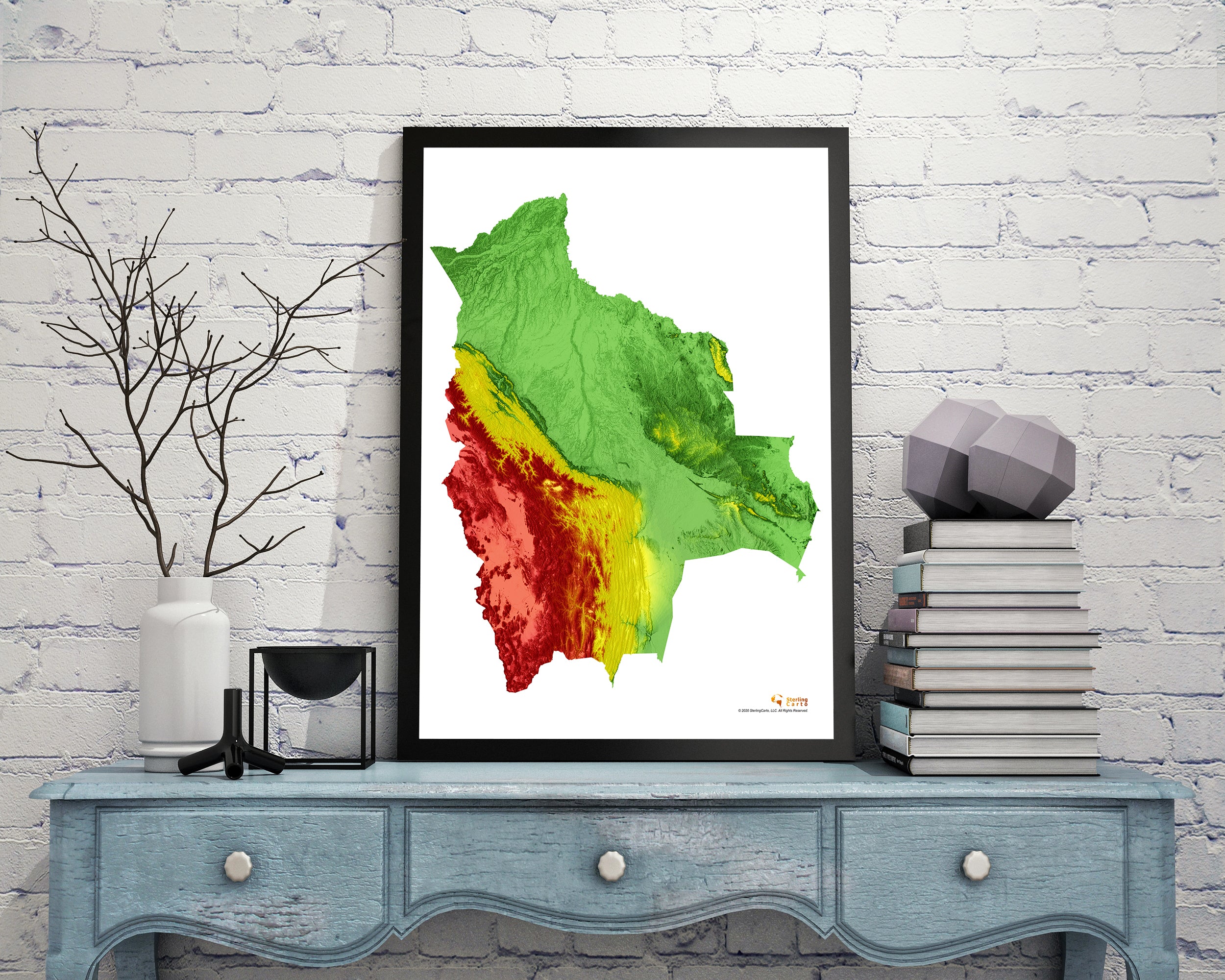 Bolivian Flag Color Elevation Map Wall Art Poster Print In Frame