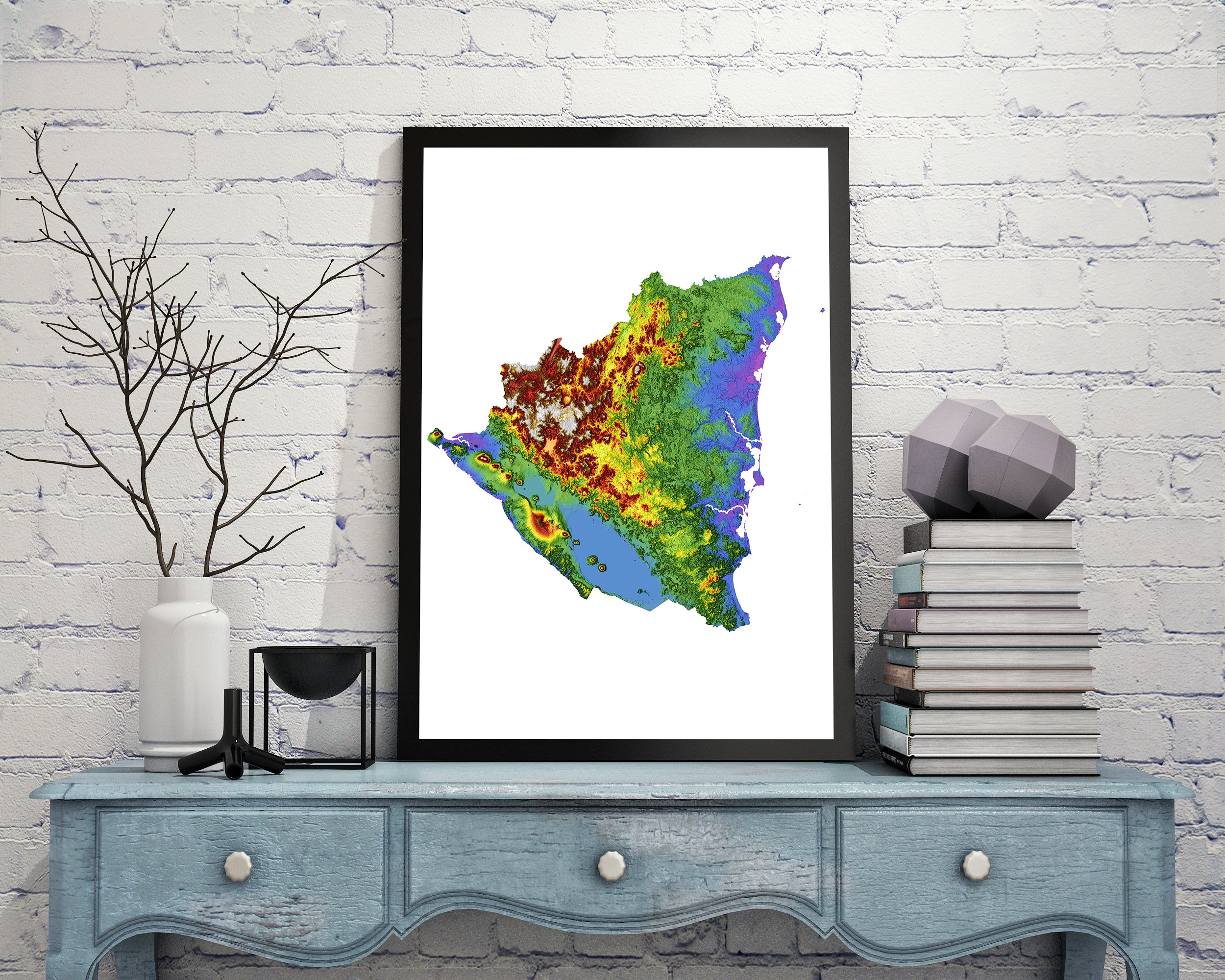 Nicaragua Color Elevation Map Wall Art Poster Print In Frame