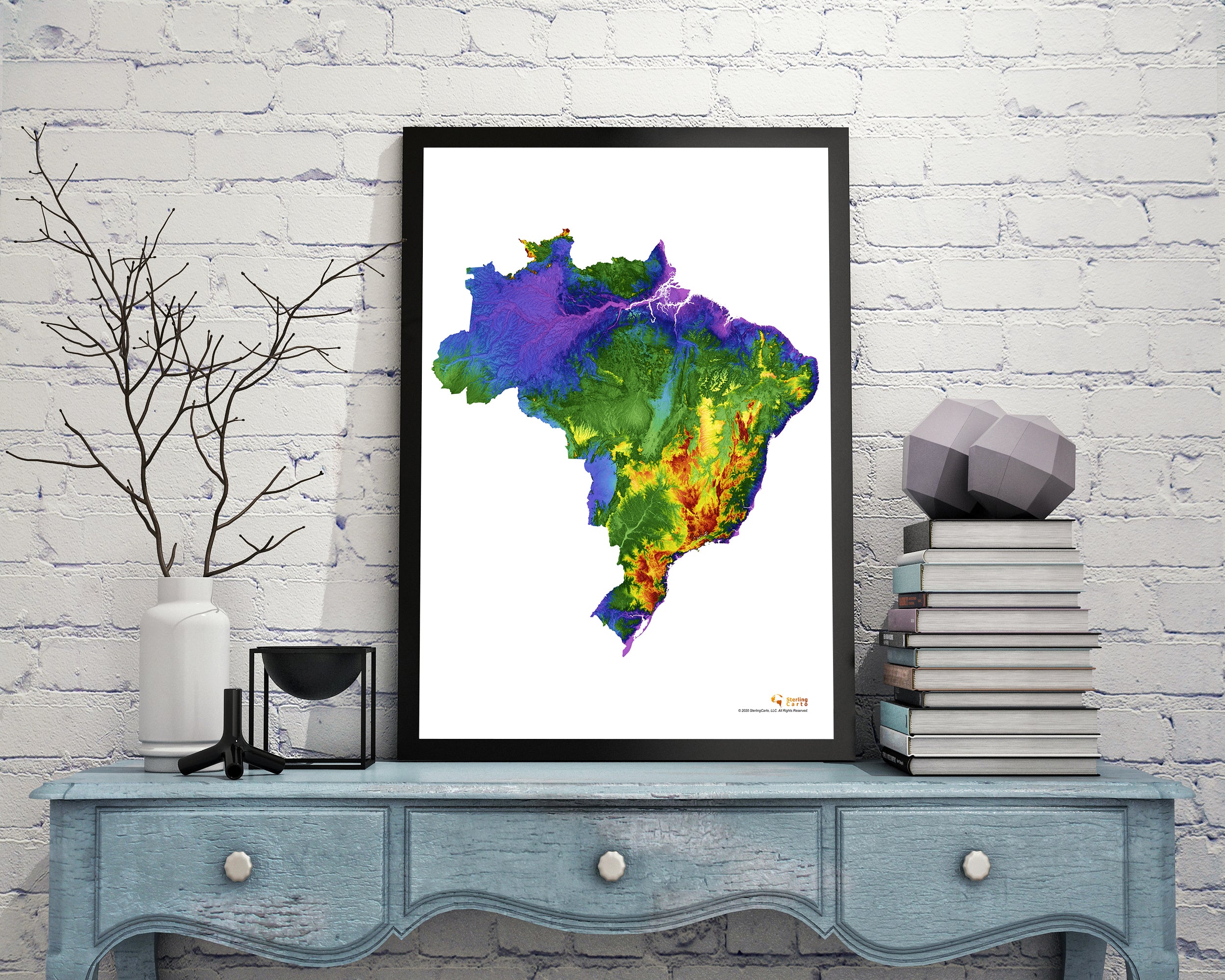 Brazil Color Elevation Map Wall Art Poster Print In Frame