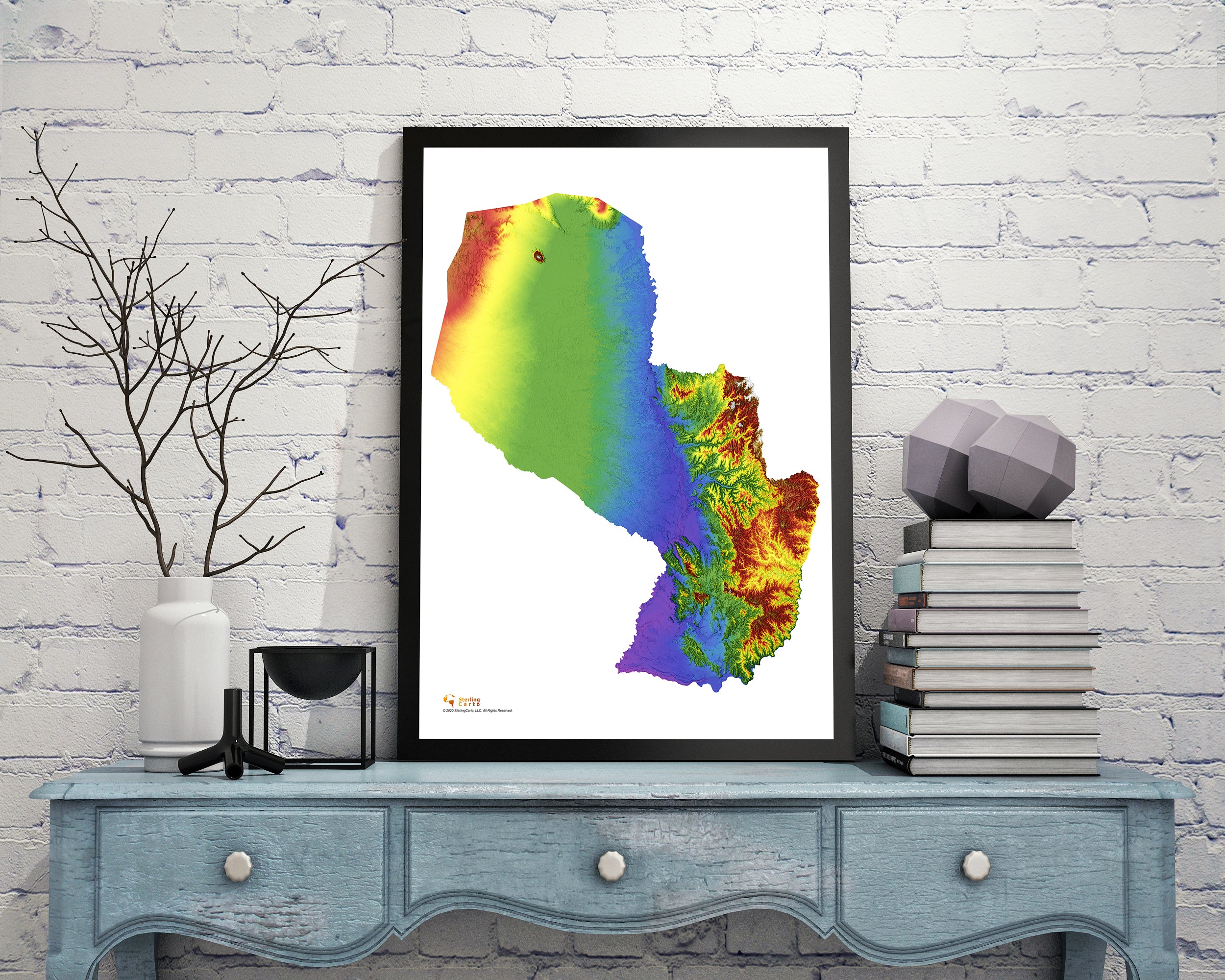 Paraguay Color Elevation Map Wall Art Poster Print In Frame