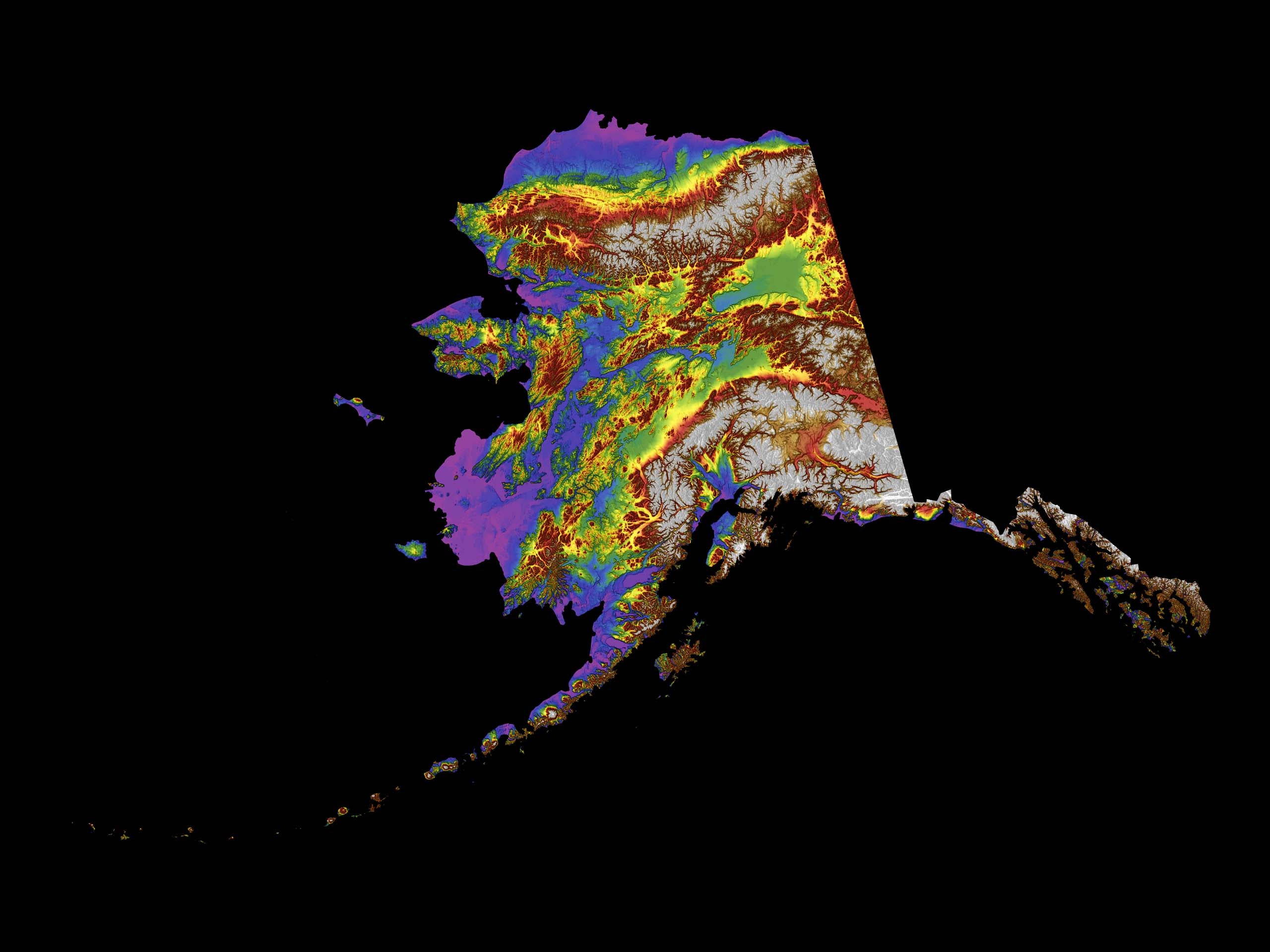 Alaska Color Elevation Map Wall Art Poster Print With Black Background