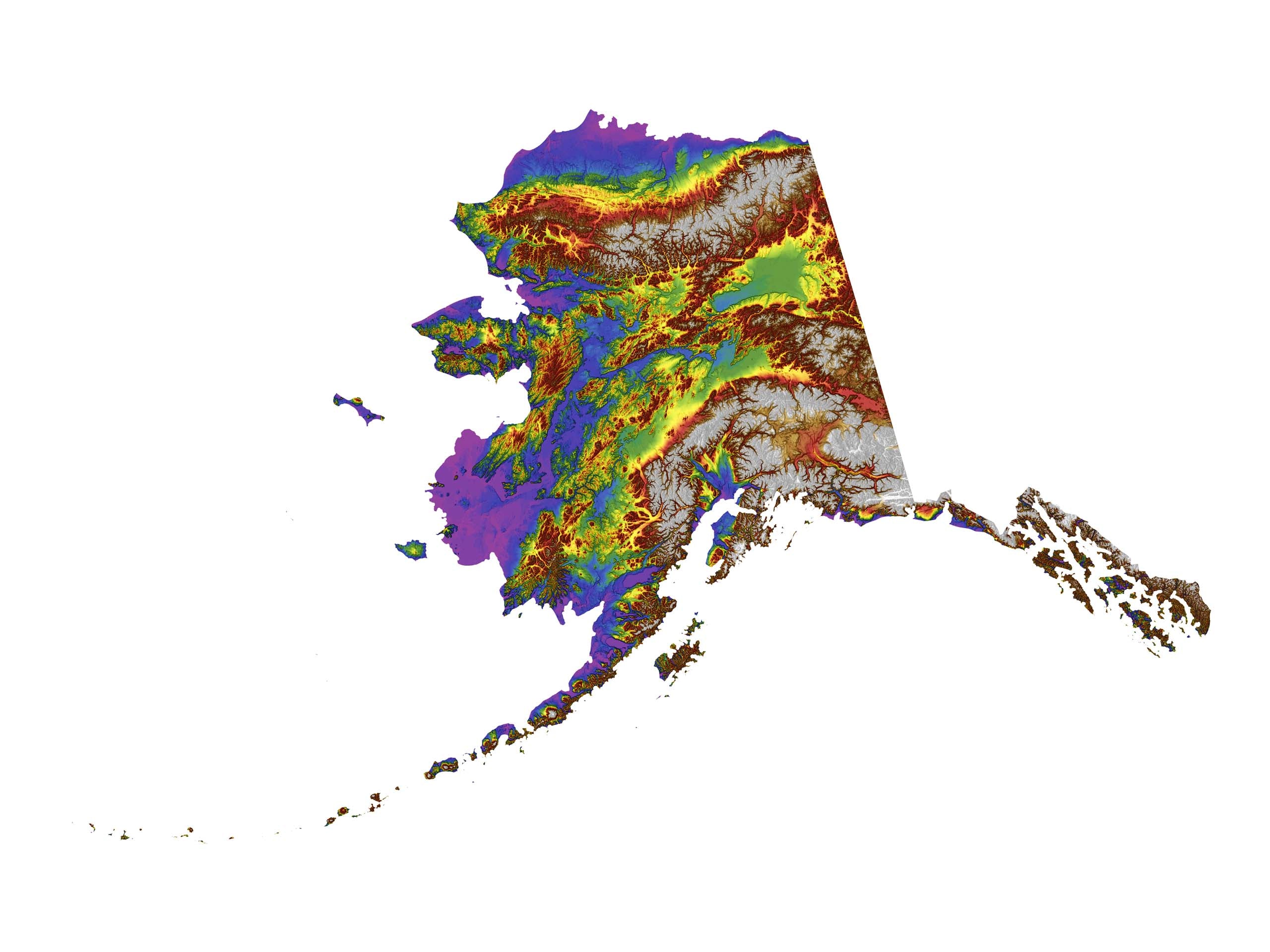 Alaska Color Elevation Map Wall Art Poster Print With White Background