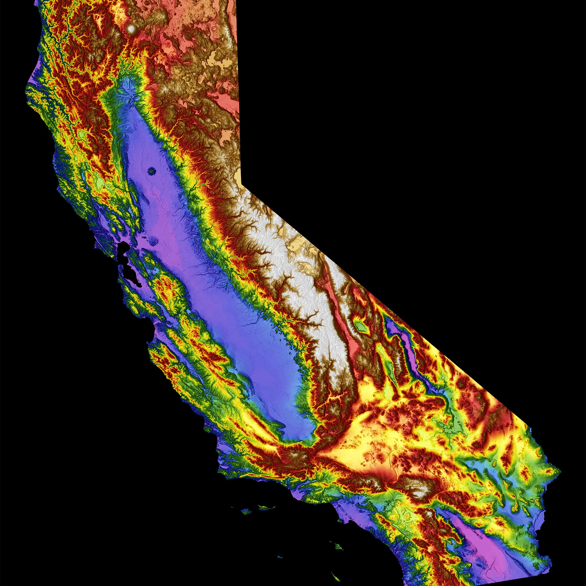 California Color Elevation Map Wall Art Poster Print With Black Background