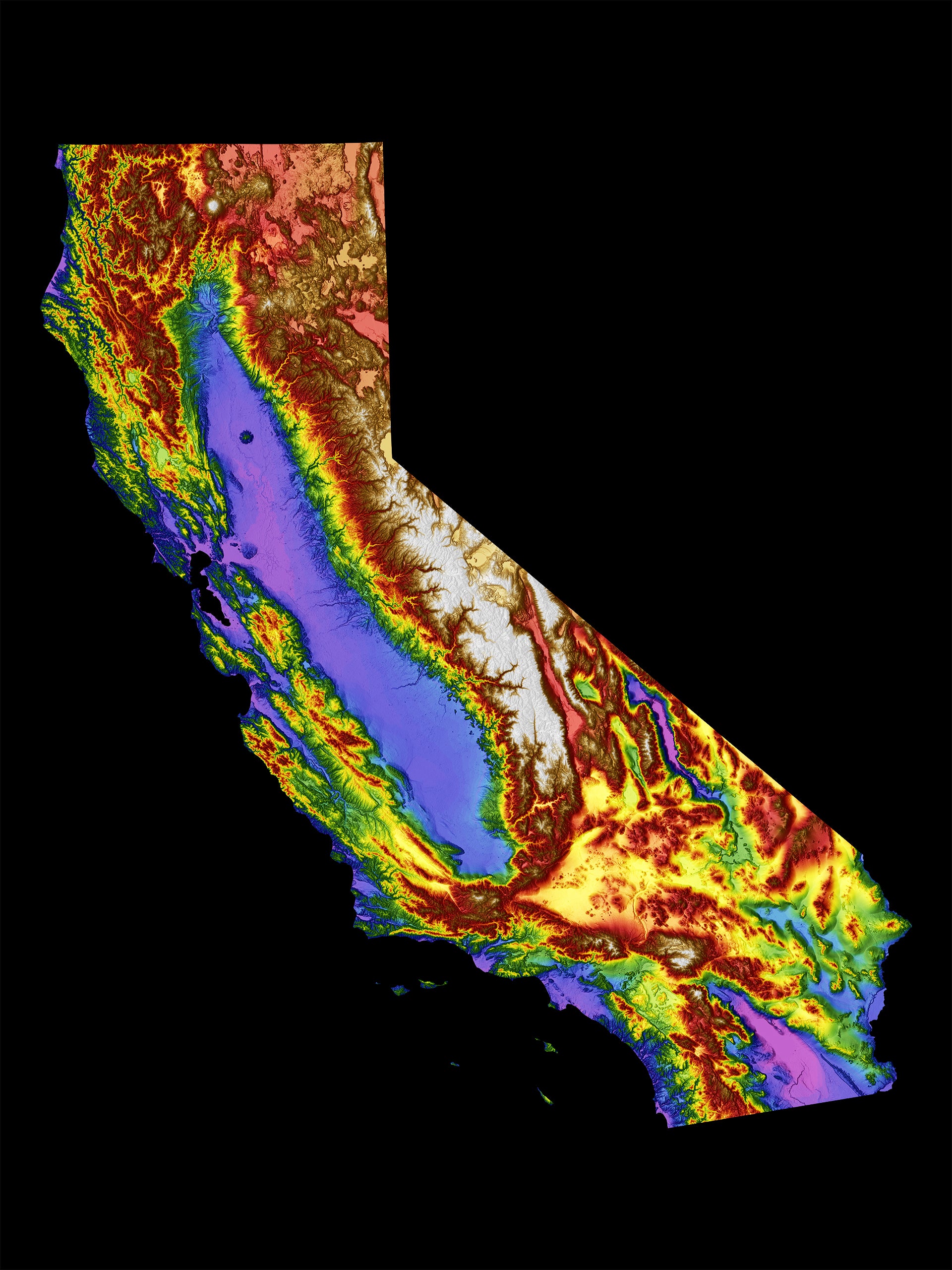 California Color Elevation Map Wall Art Poster Print With Black Background