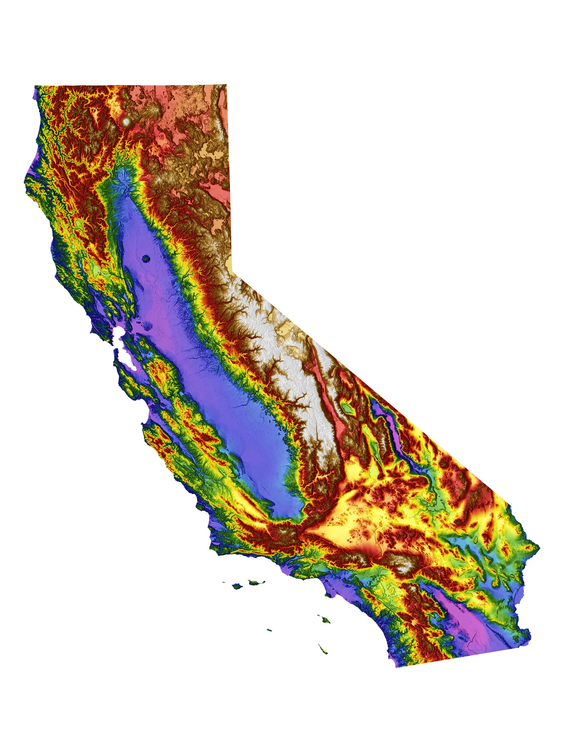 California Color Elevation Map Wall Art Poster Print With White Background