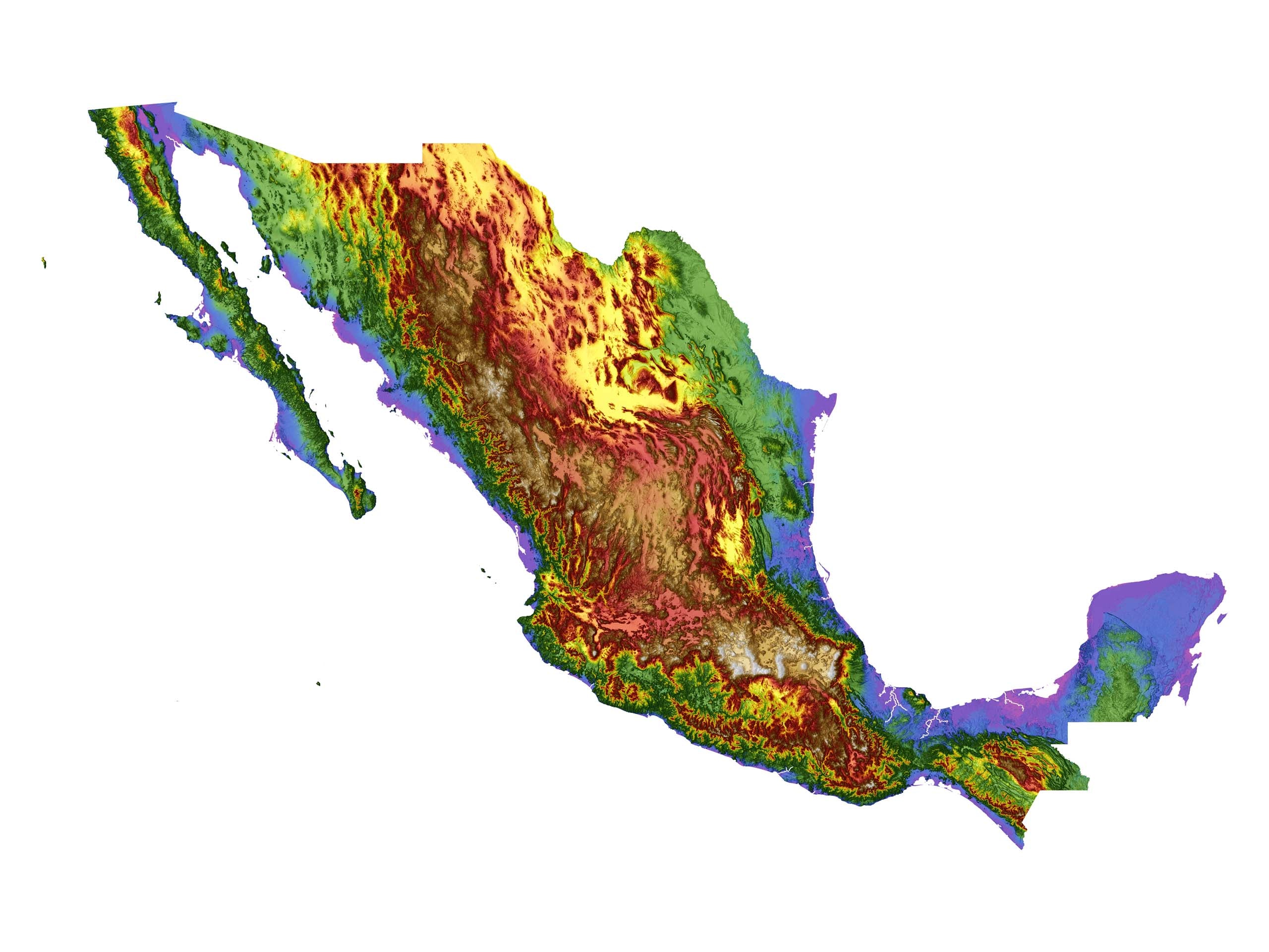 Mexico Color Elevation Map Wall Art Poster Print With White Background