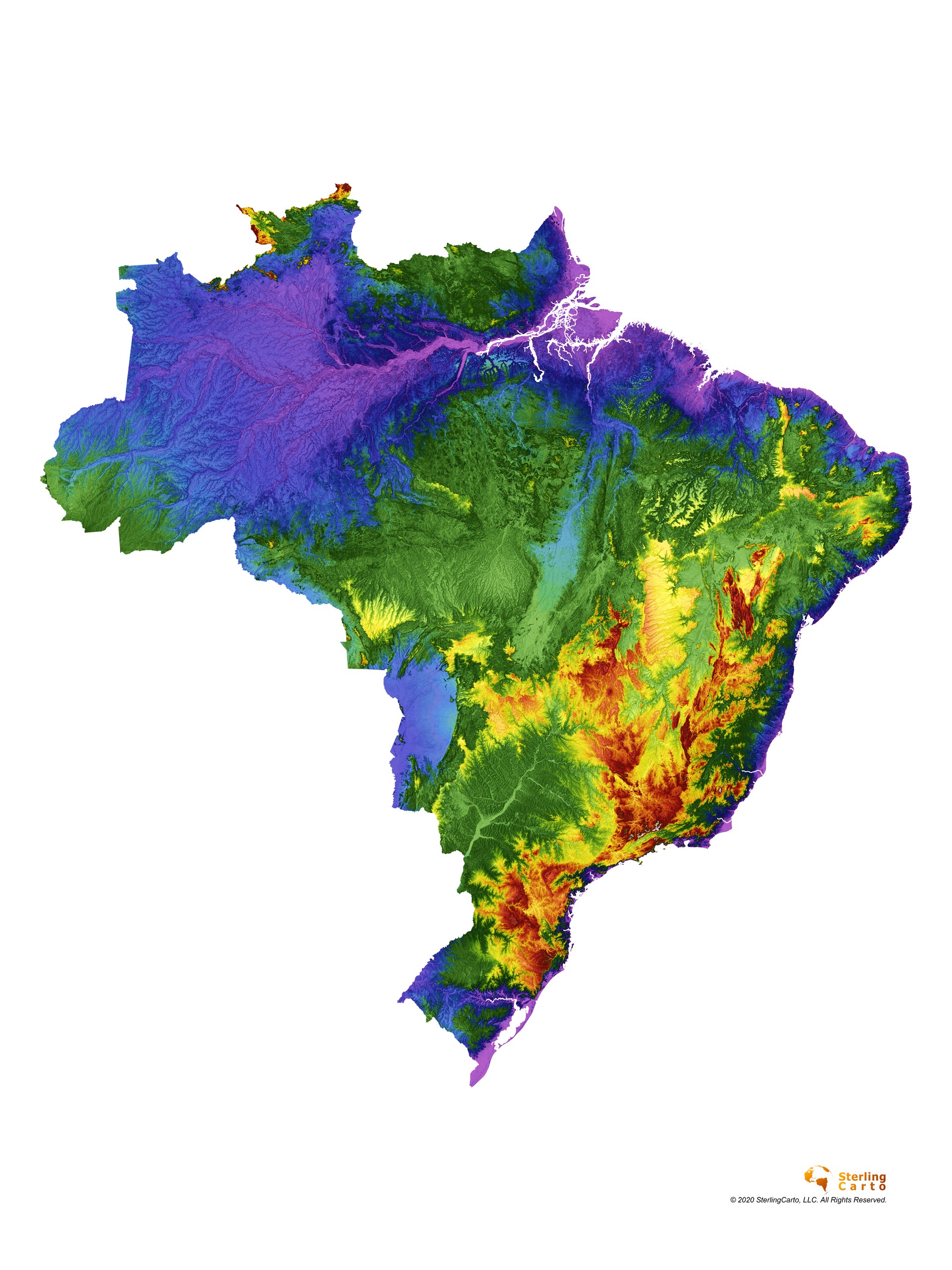 Brazil Color Elevation Map Wall Art Poster Print With White Background