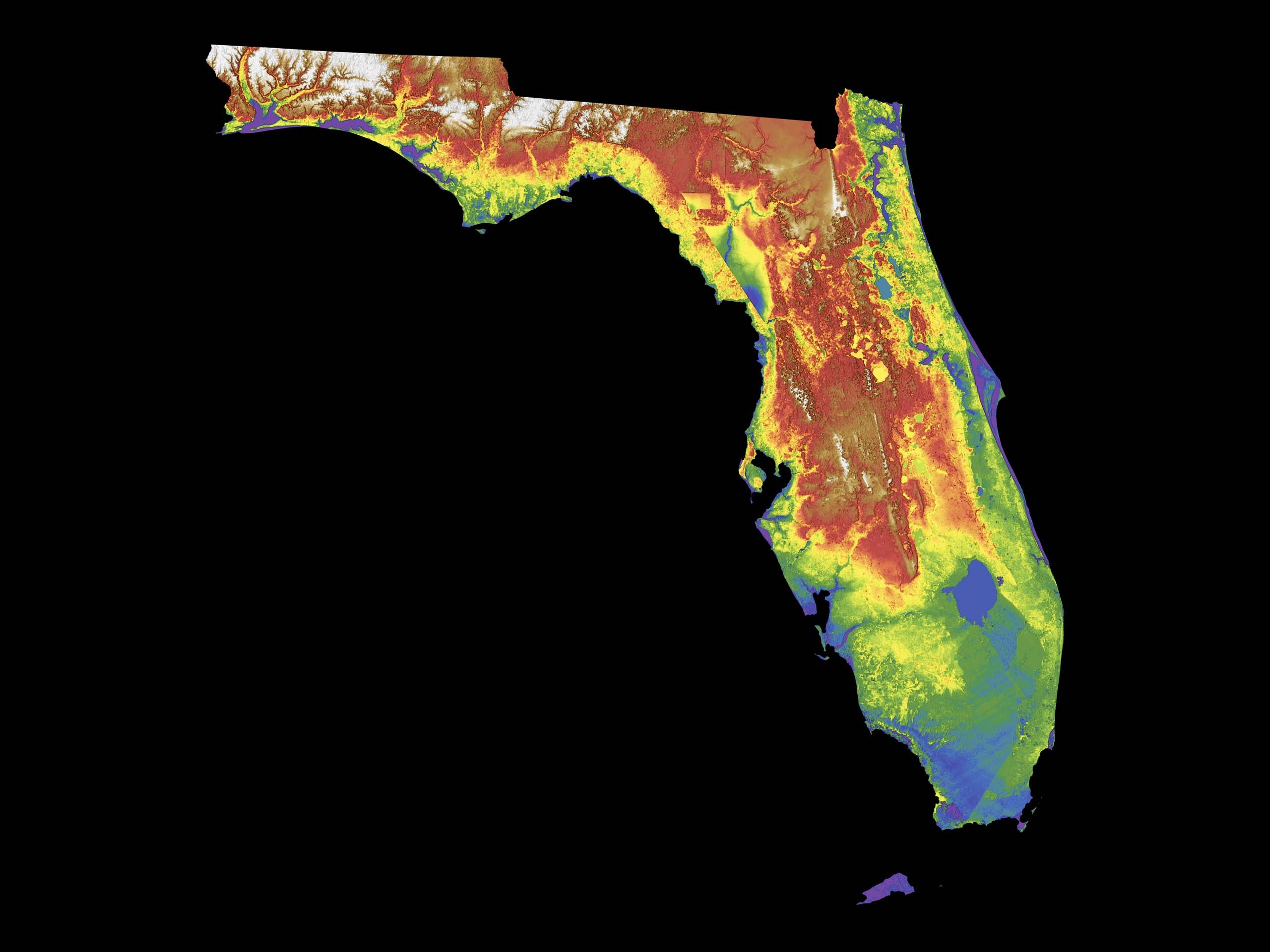 Florida Color Elevation Map Wall Art Poster Print With Black Background