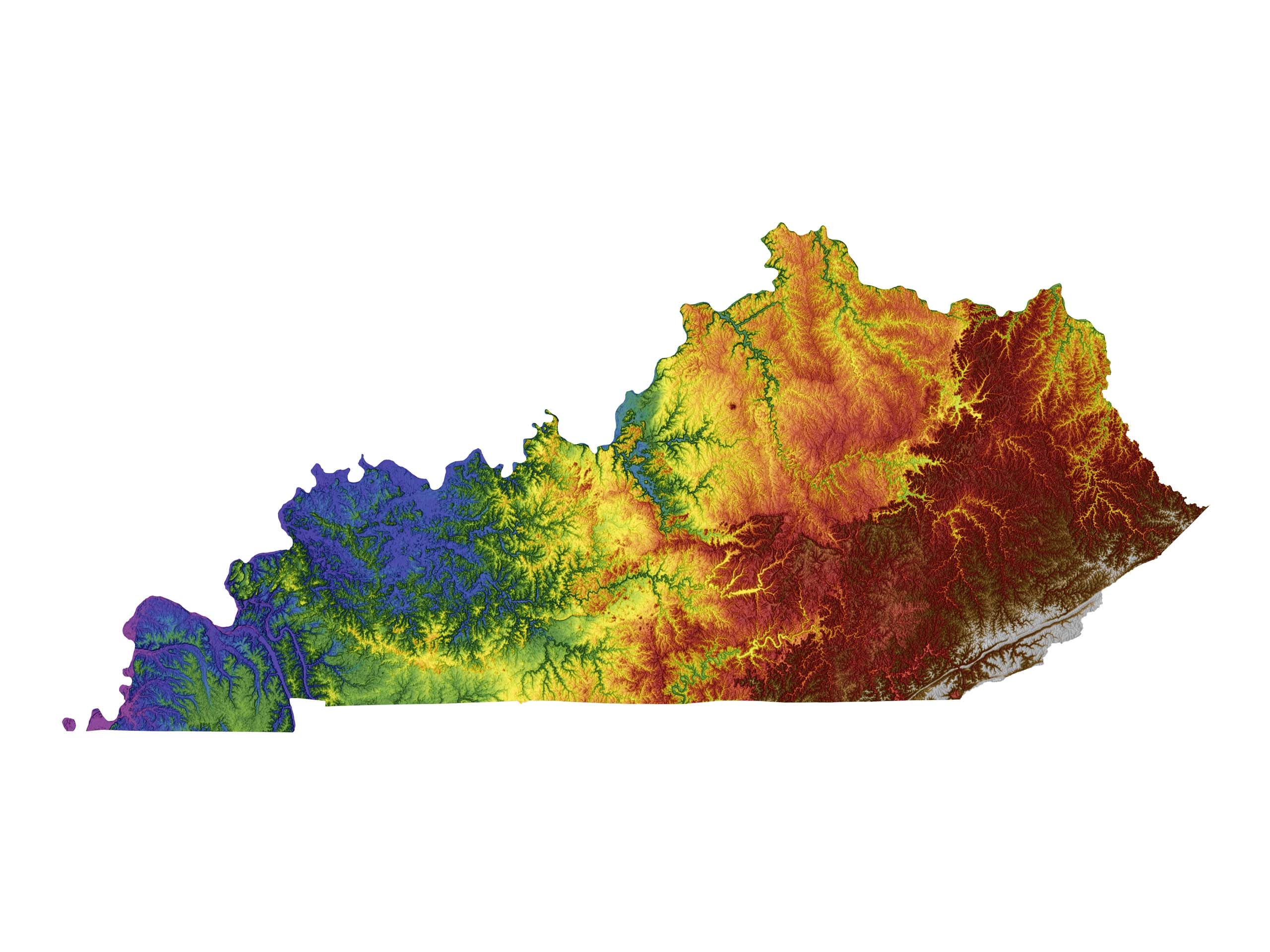 Kentucky Color Elevation Map Wall Art Poster Print With White Background