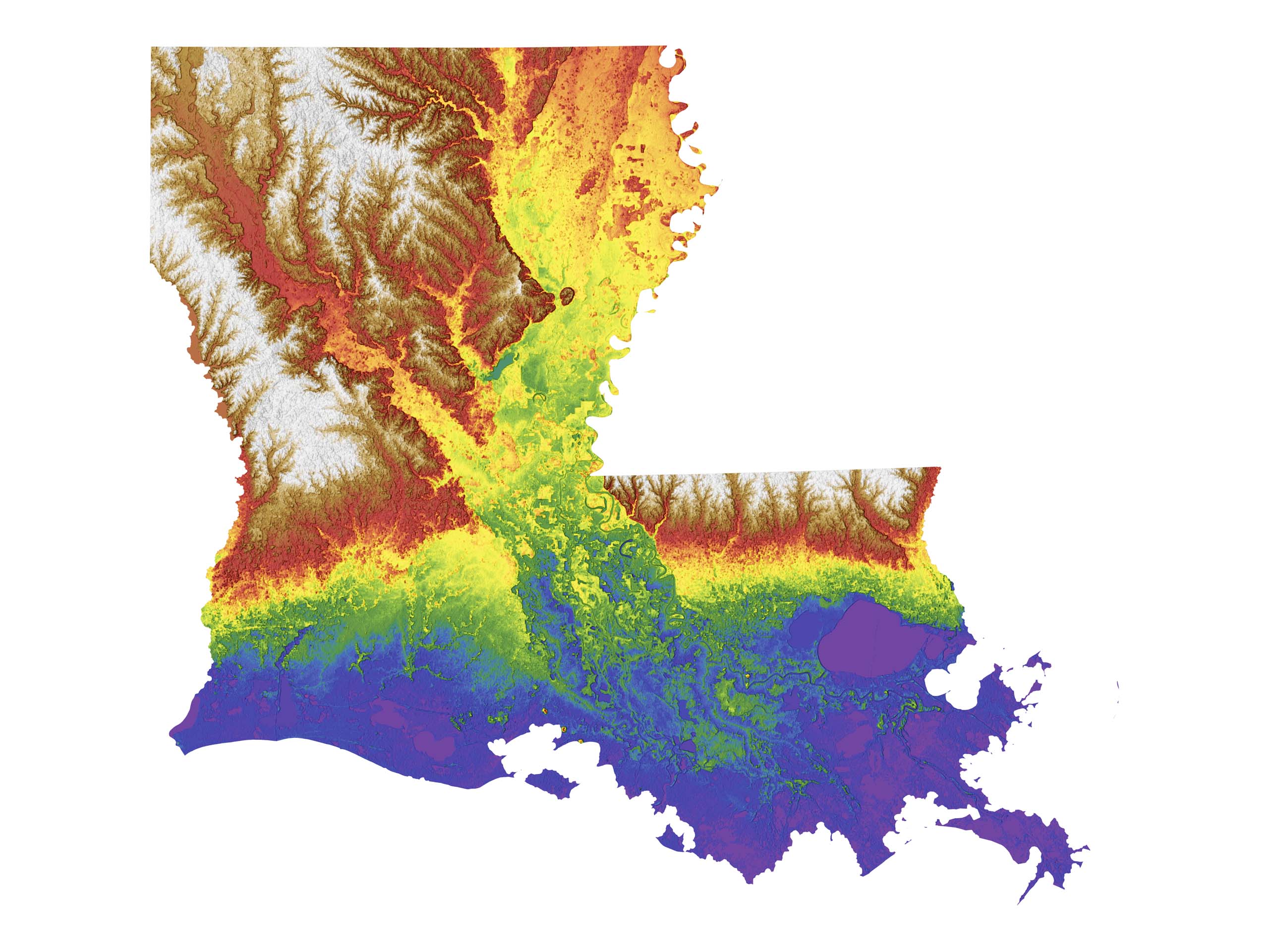 Louisiana Color Elevation Map Wall Art Poster Print With White Background