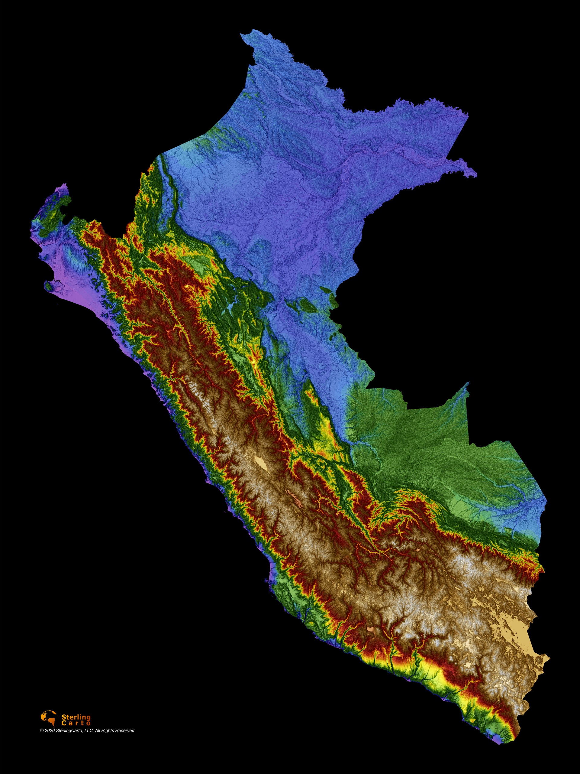 Peru Color Elevation Map Wall Art Poster Print With Black Background
