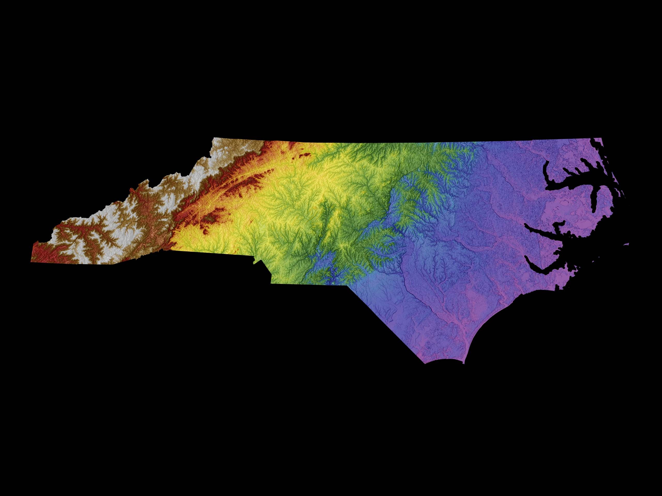 North Carolina Color Elevation Map Wall Art Poster Print With Black Background
