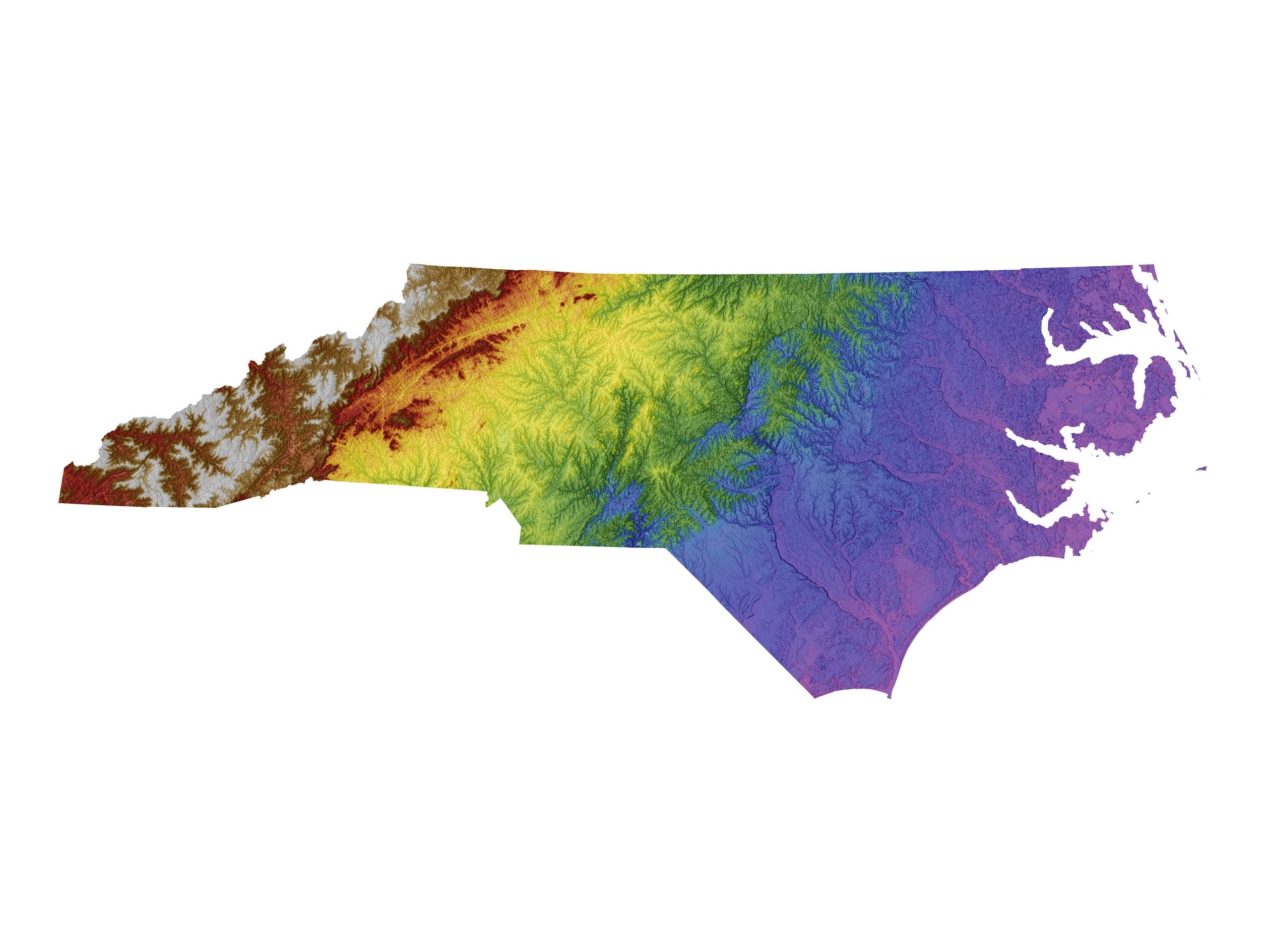 North Carolina Color Elevation Map Wall Art Poster Print With White Background