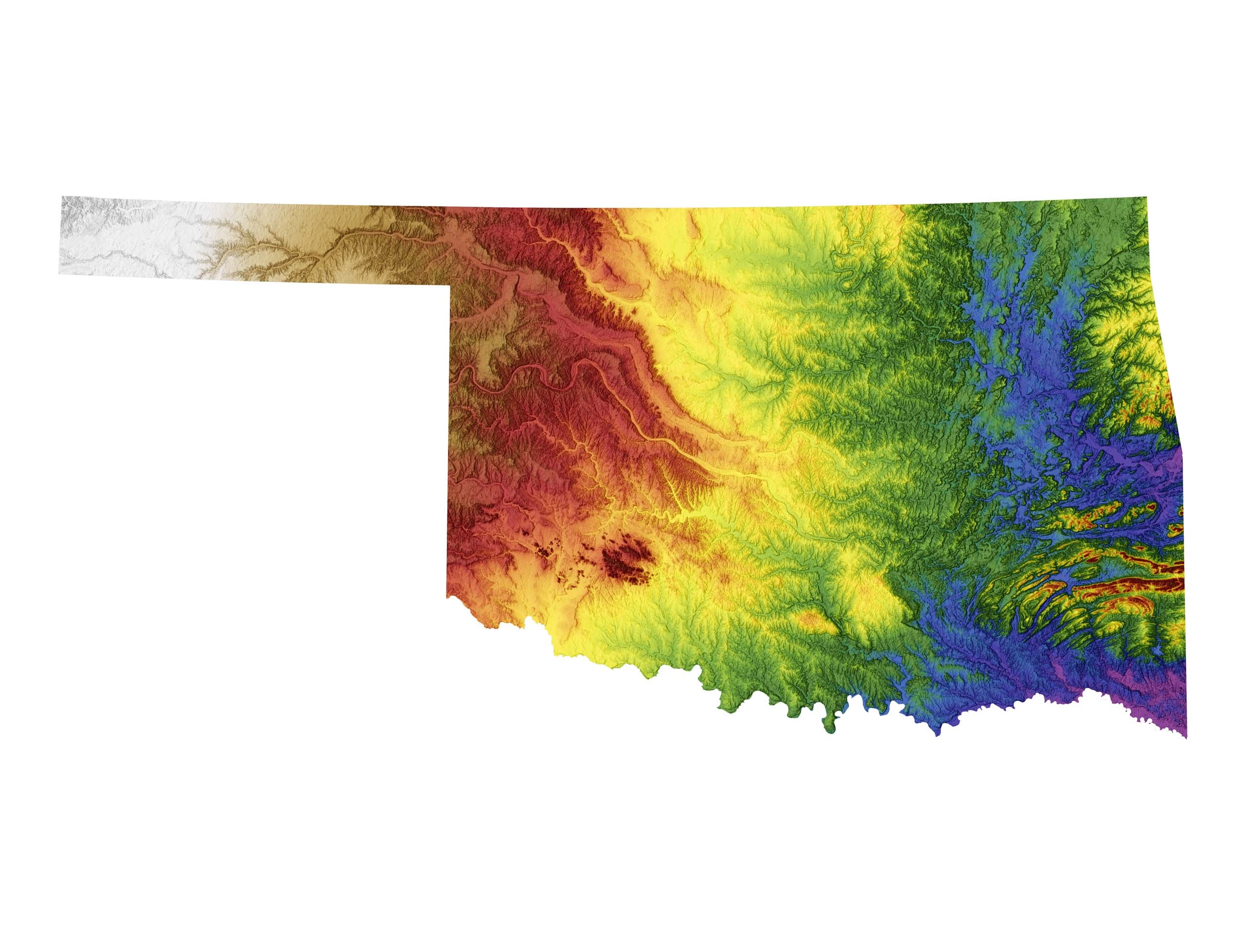 Oklahoma Color Elevation Map Wall Art Poster Print With White Background