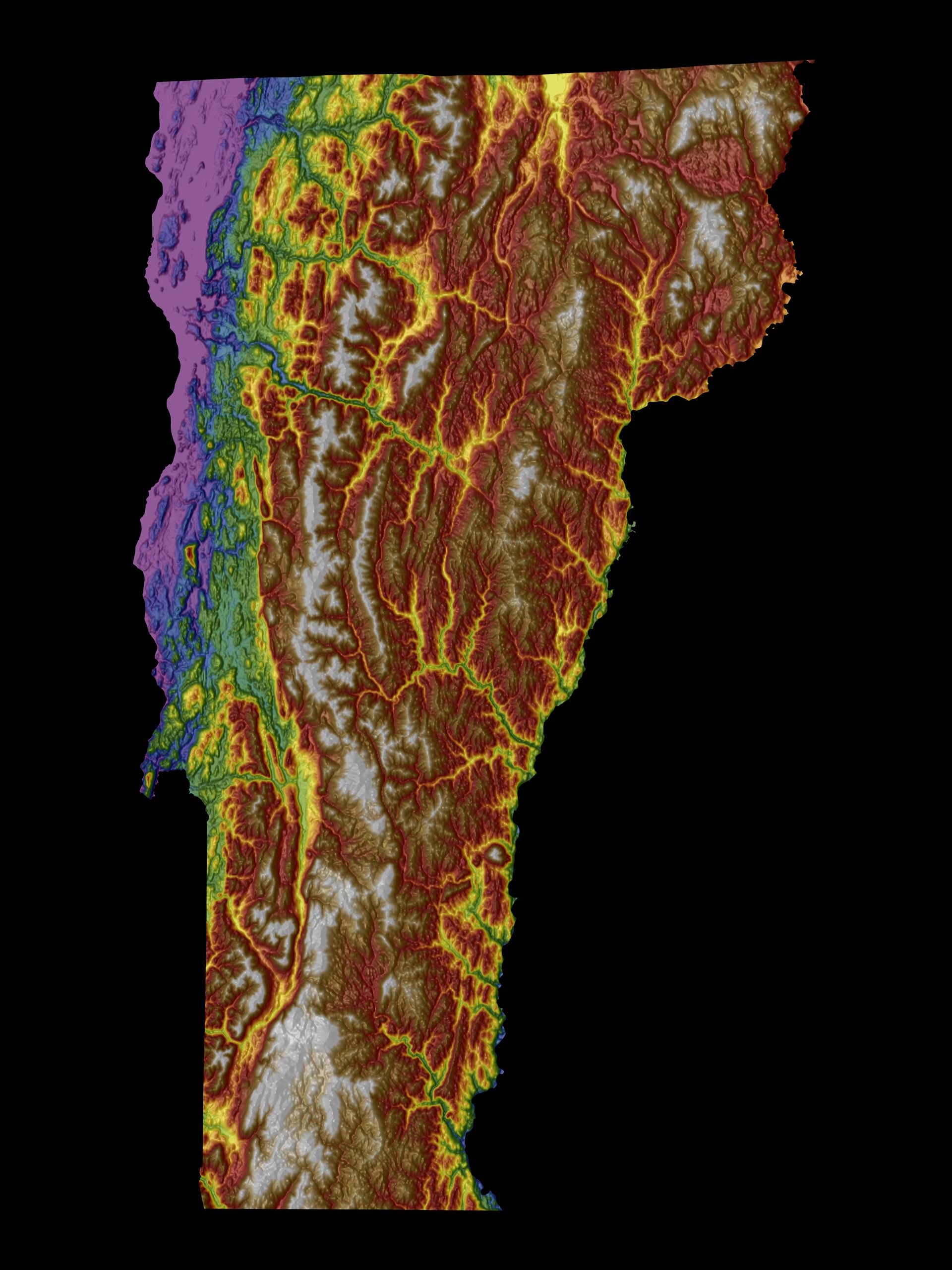Vermont Color Elevation Map Wall Art Poster Print With Black Background