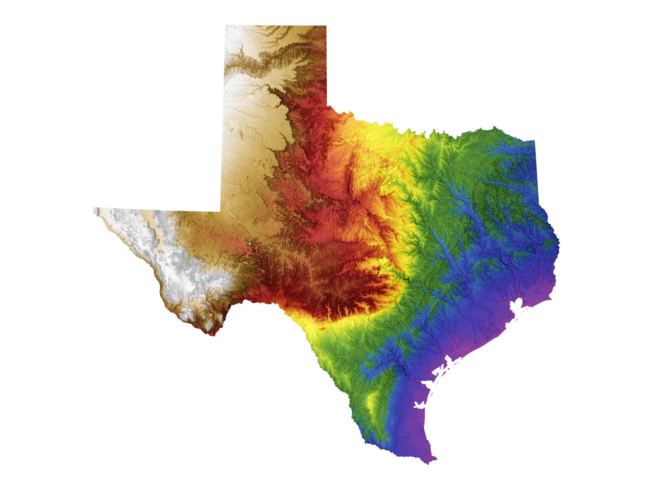Texas Color Elevation Map Wall Art Poster Print With White Background