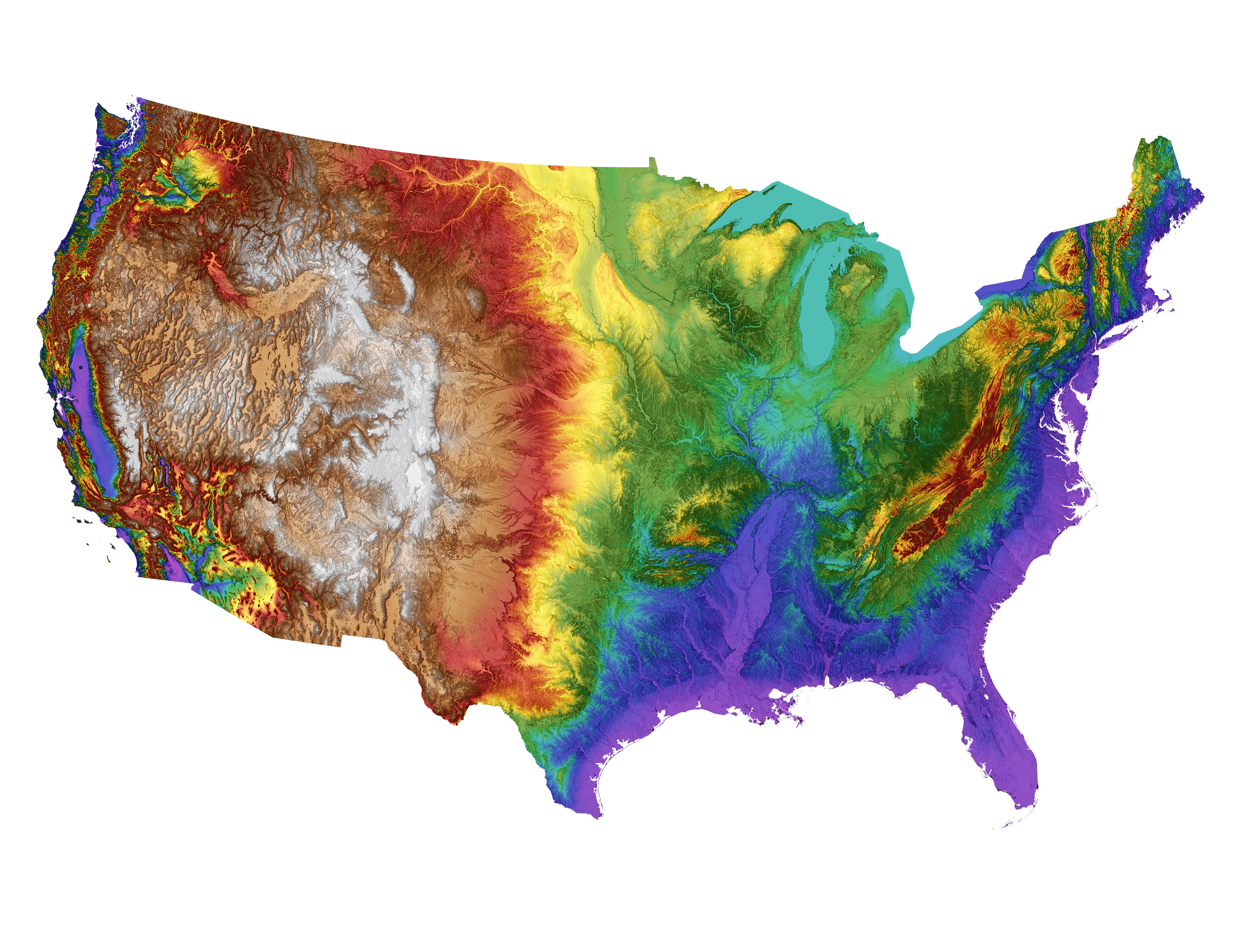USA Color Elevation Map (Contiguous) Wall Art Poster Print With White Background