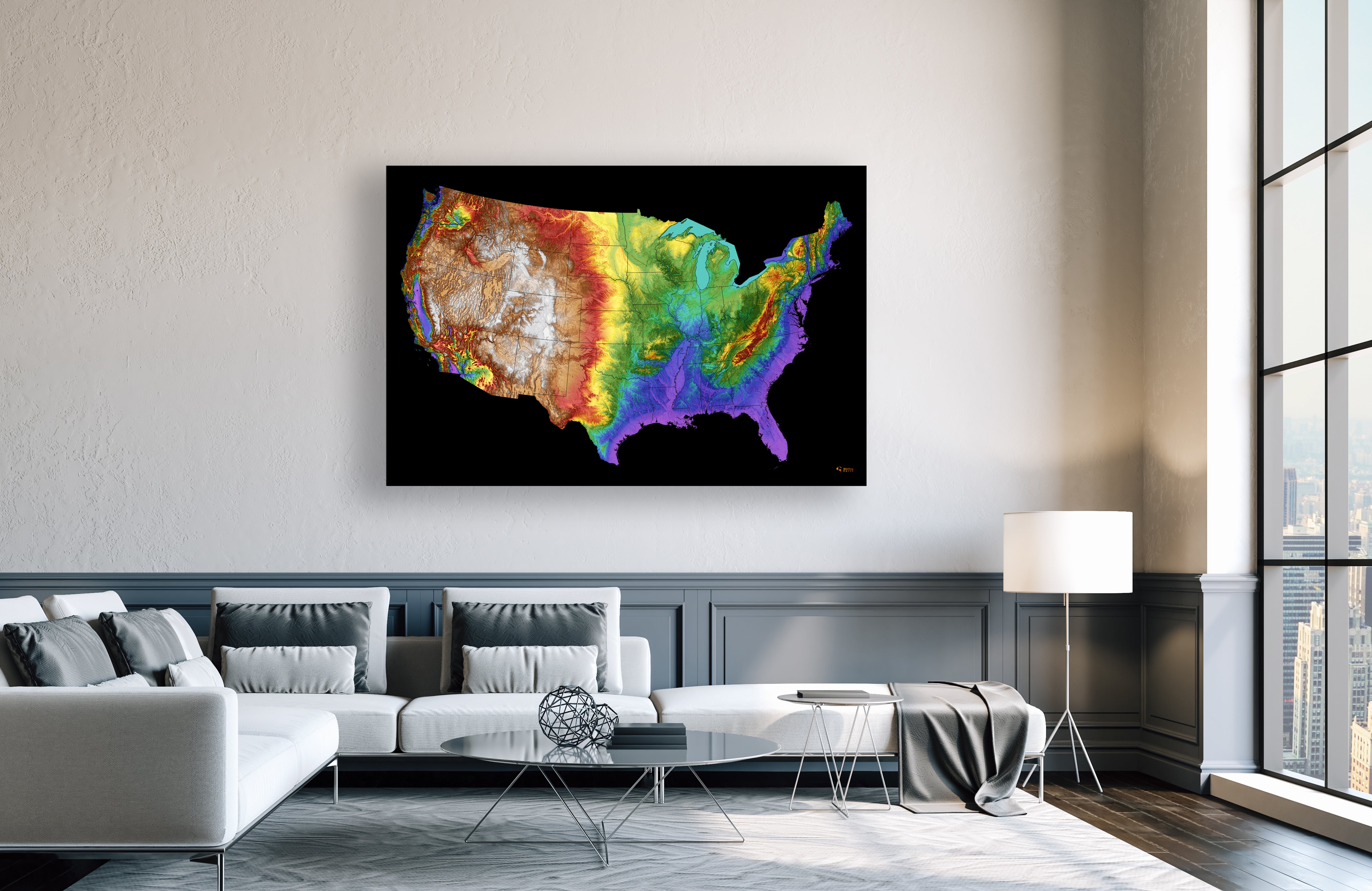 USA Color Elevation Map (Contiguous) With Black State Borders Wall Art Poster Print