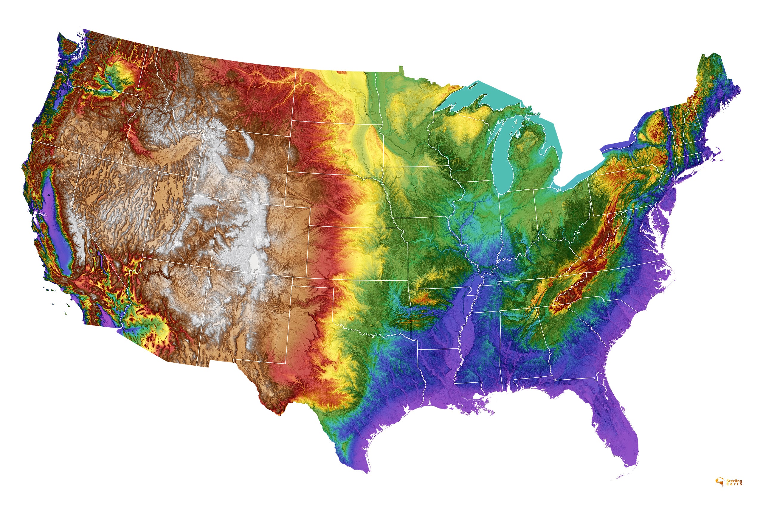 USA Color Elevation Map (Contiguous) With White State Borders Wall Art Poster Print