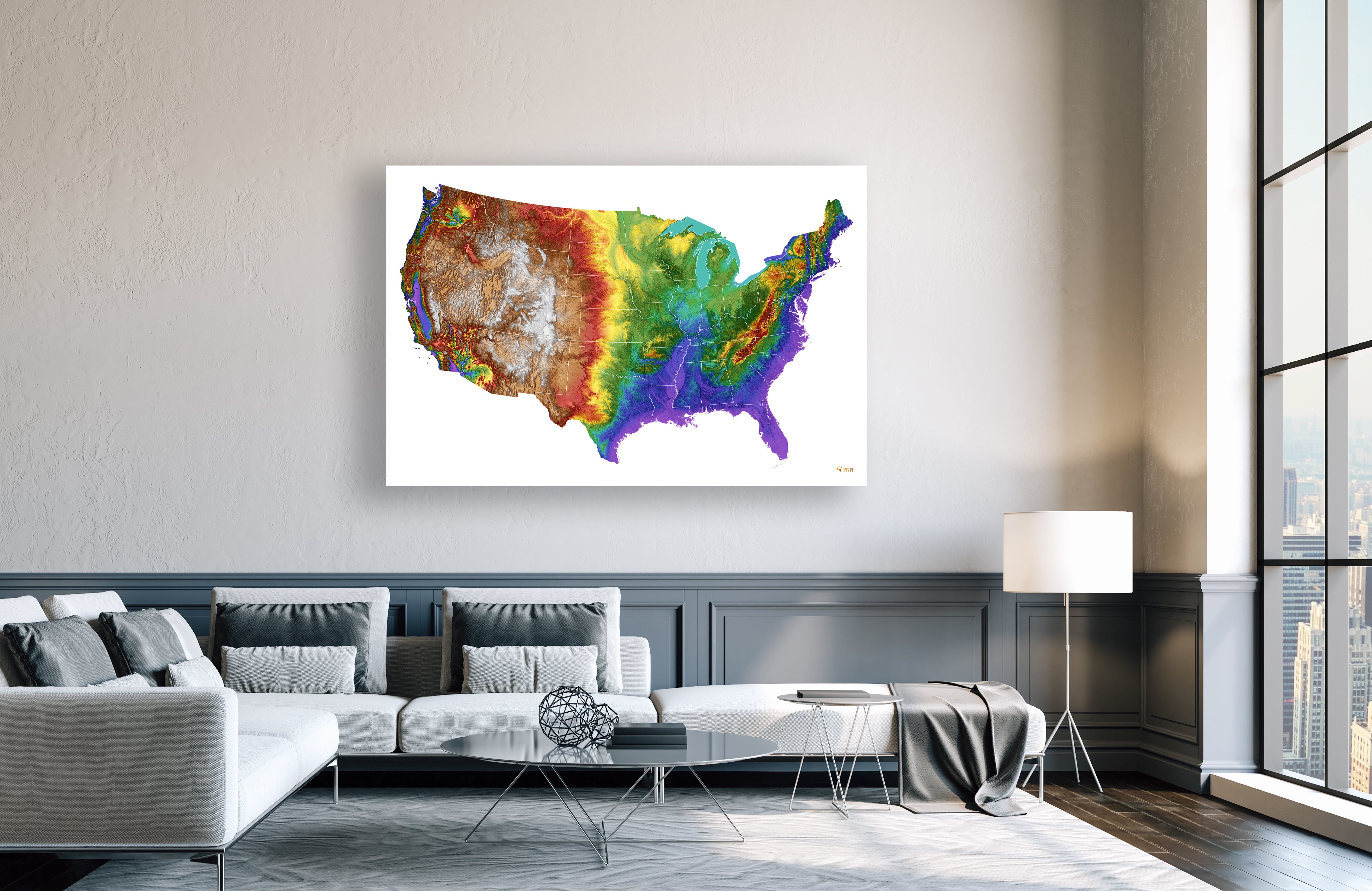 USA Color Elevation Map (Contiguous) With White State Borders Wall Art Poster Print