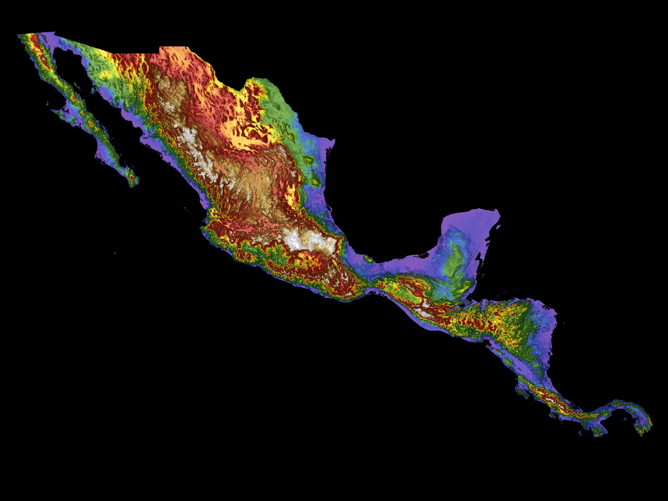 Central America Color Elevation Map Wall Art Poster Print With Black Background