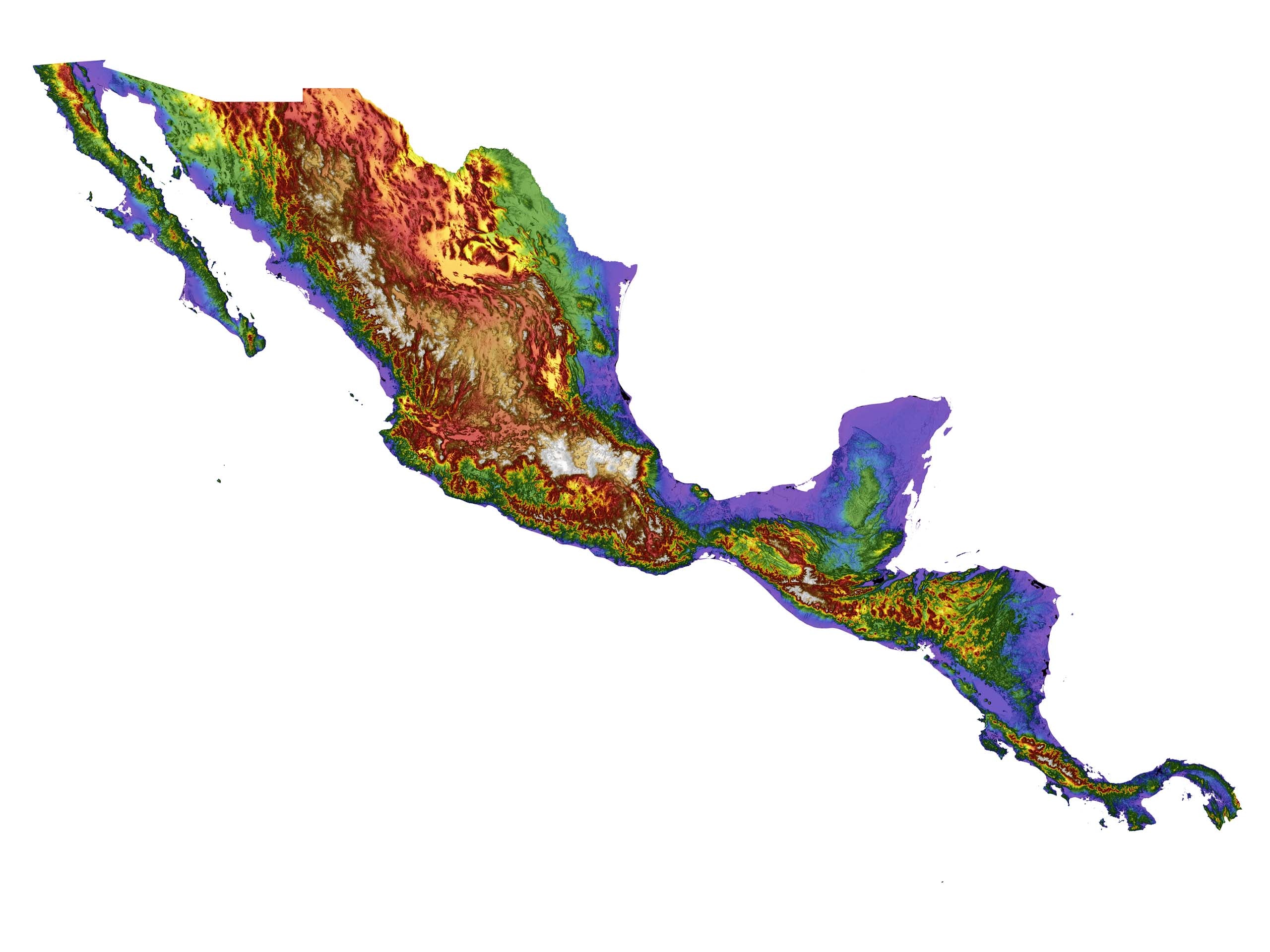 Central America Color Elevation Map Wall Art Poster Print With White Background