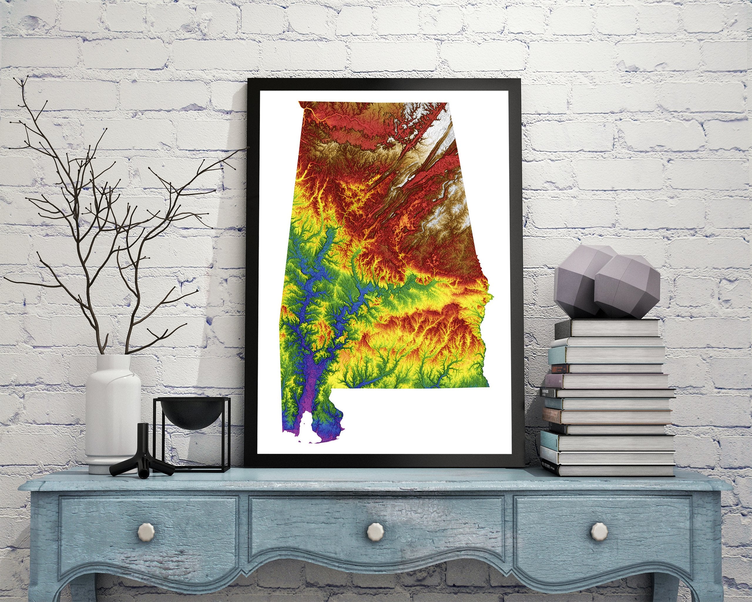 Alabama Color Elevation Map Wall Art Poster Print In Frame