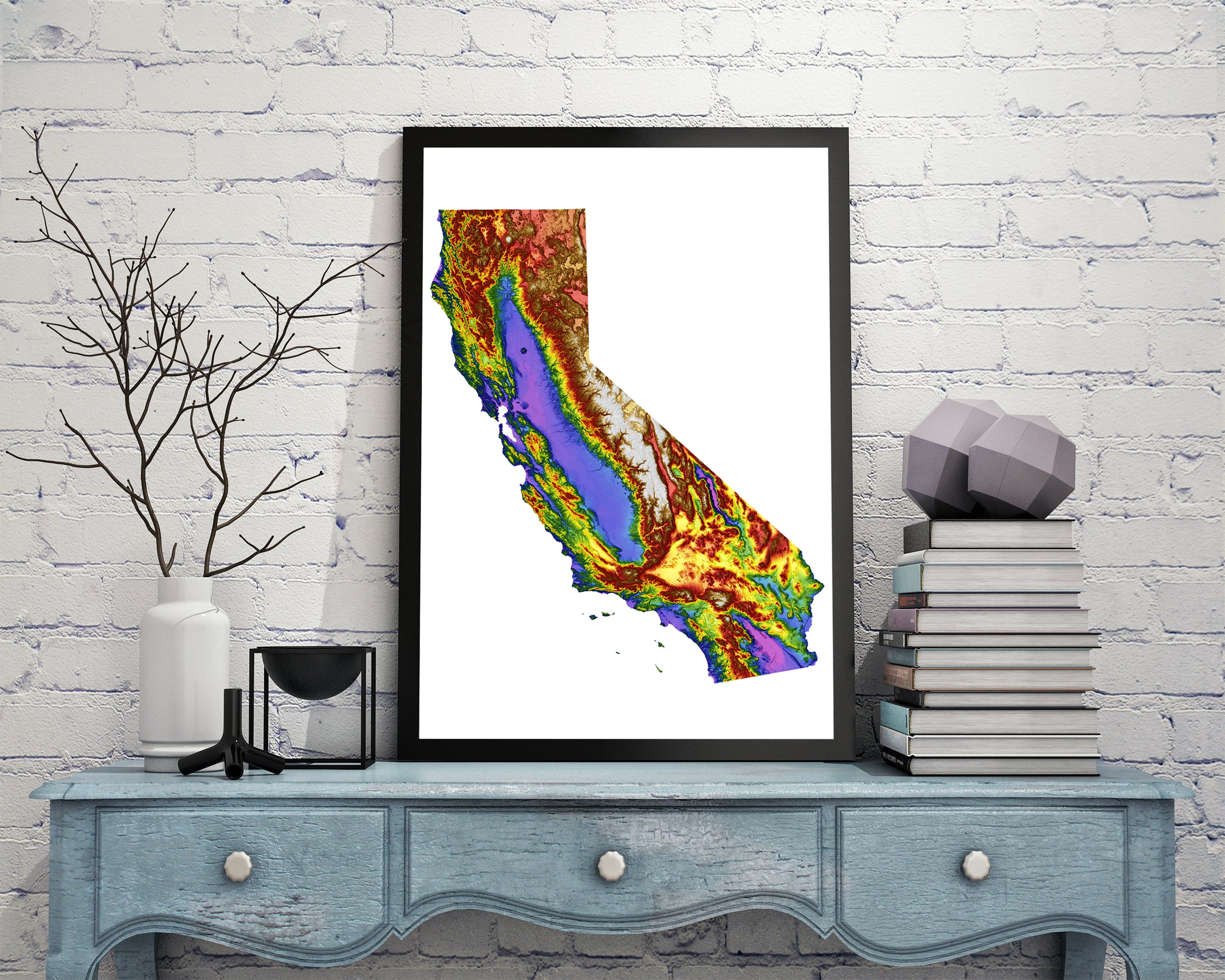 California Color Elevation Map Wall Art Poster Print In Frame