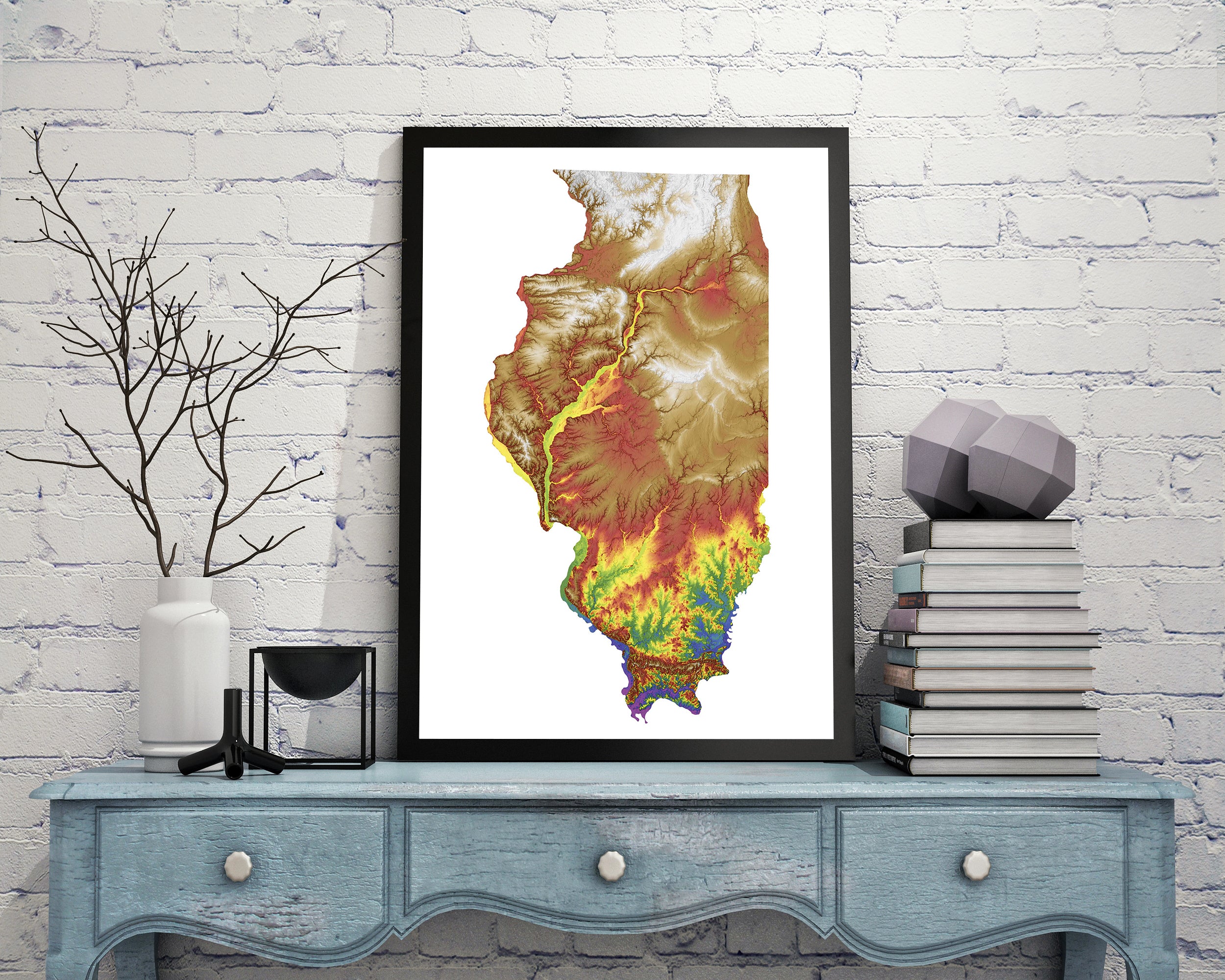 Illinois Color Elevation Map Wall Art Poster Print In Frame