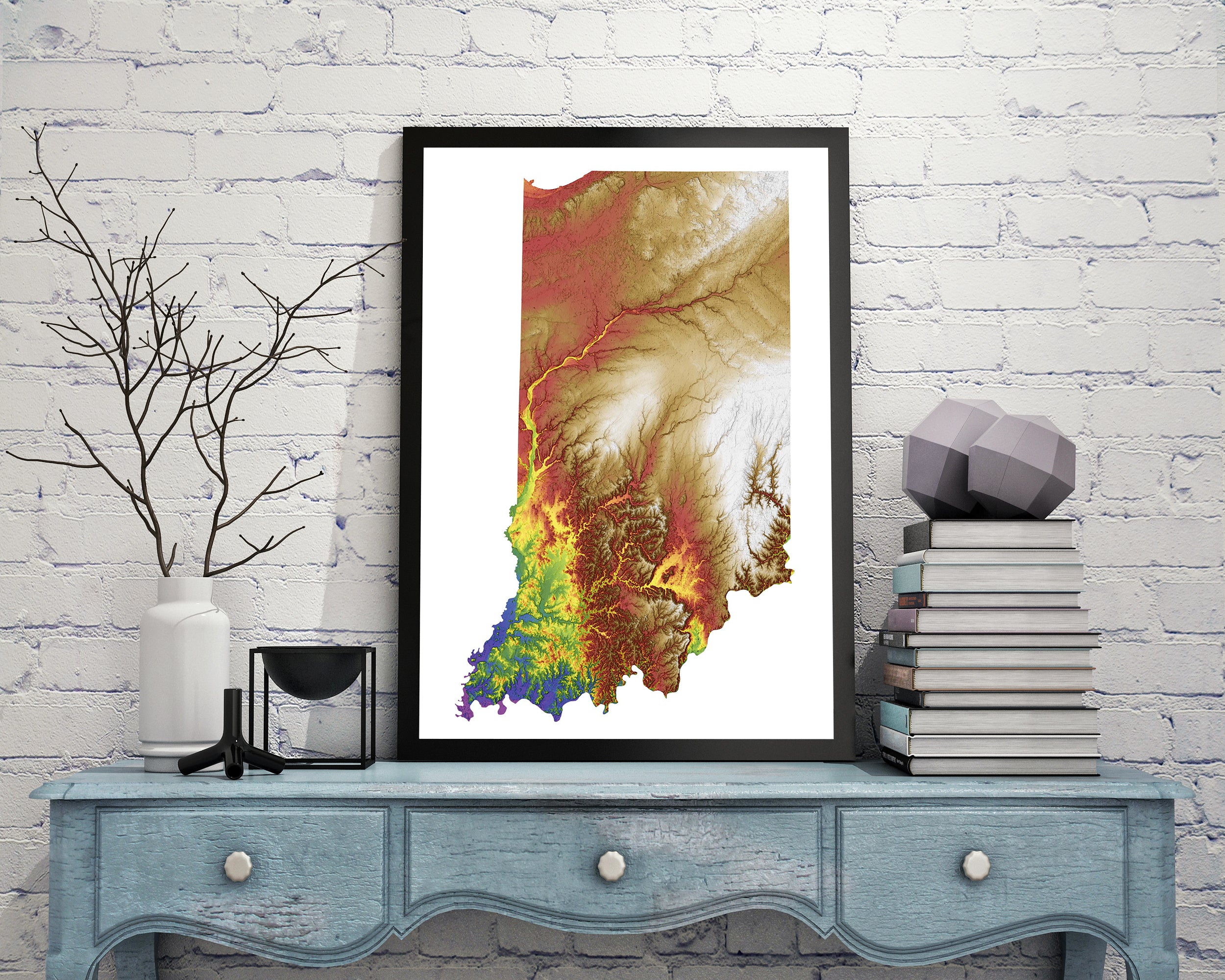 Indiana Color Elevation Map Wall Art Poster Print In Frame