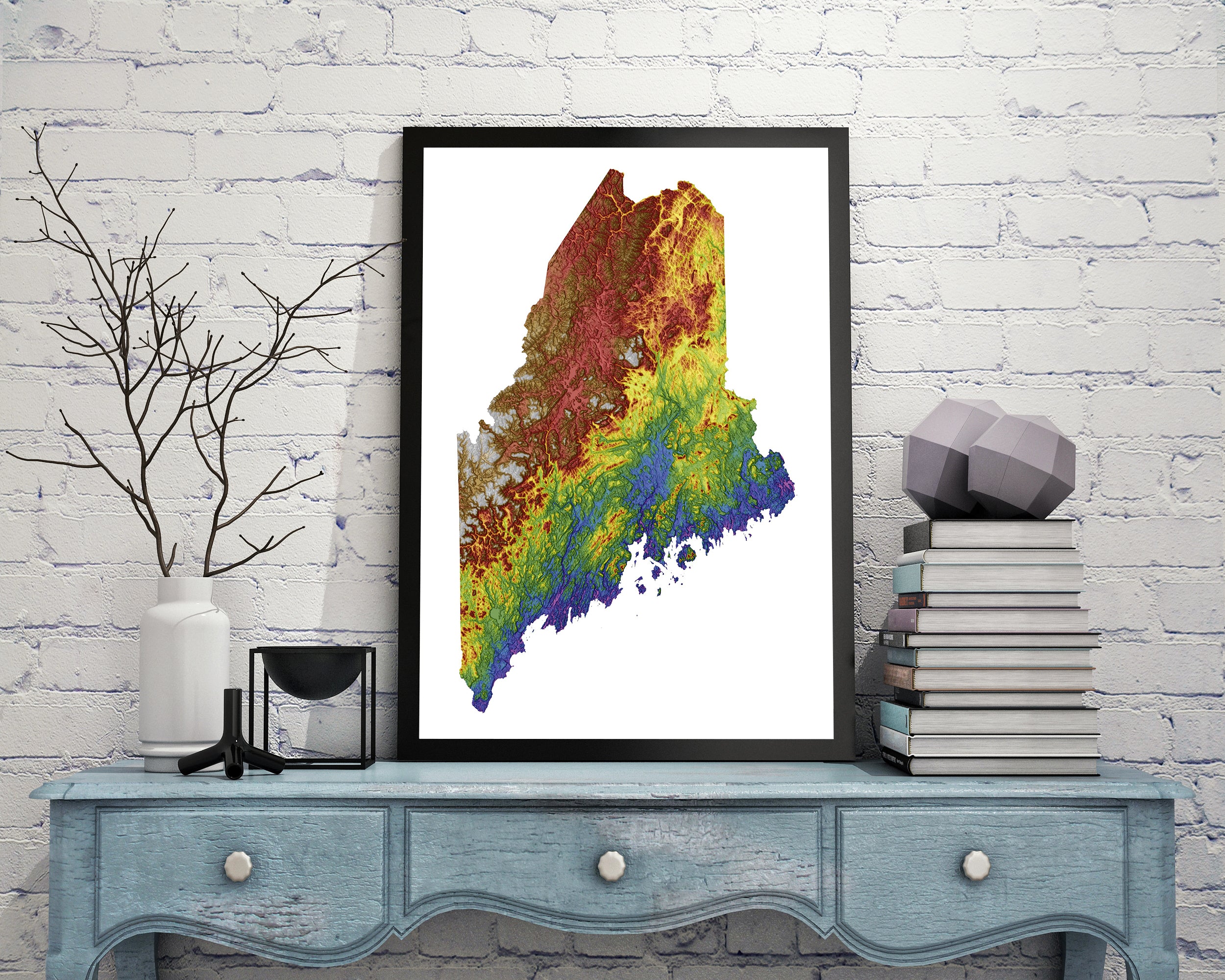 Maine Color Elevation Map  Wall Art Poster Print In Frame