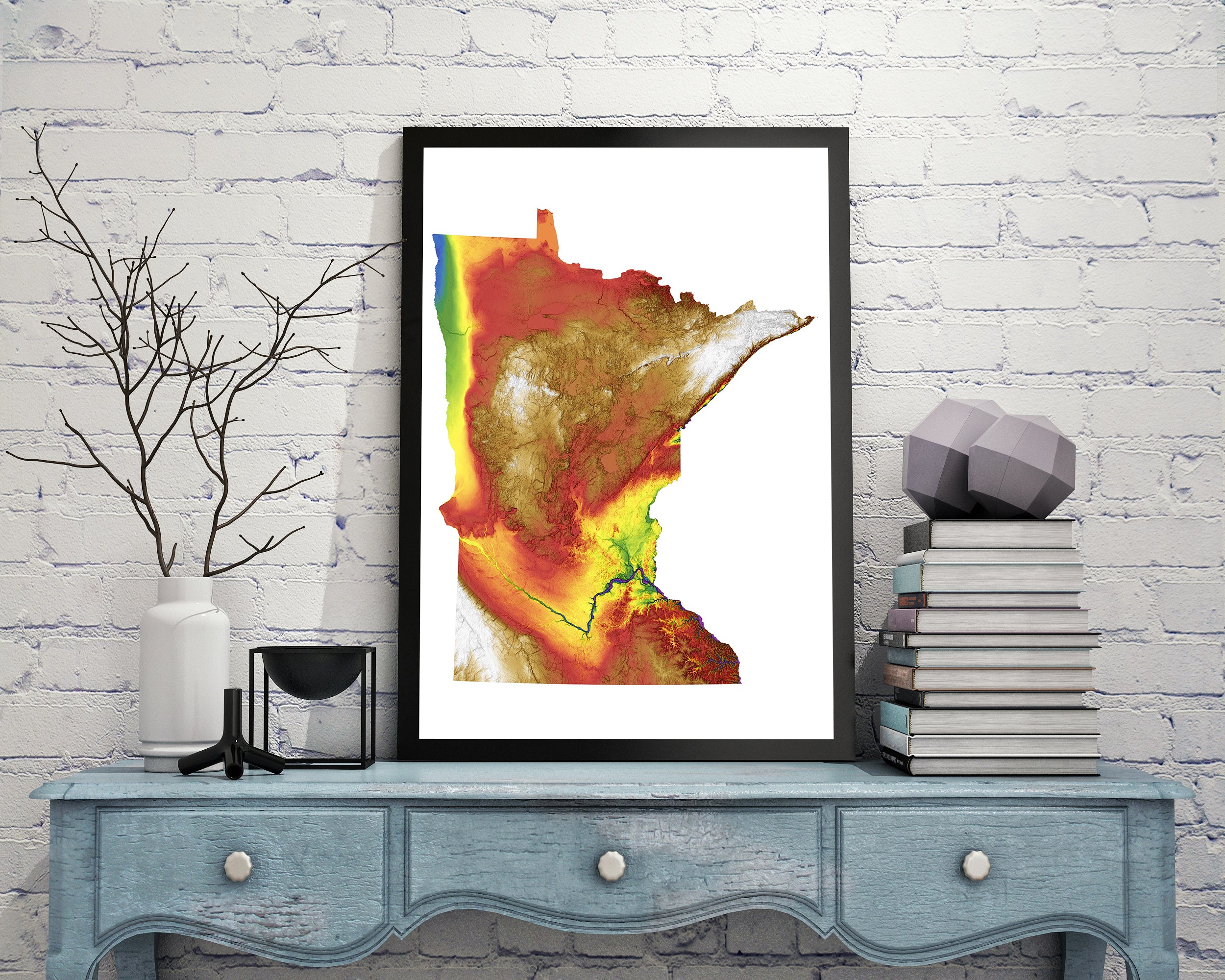 Minnesota Color Elevation Map Wall Art Poster Print In Frame