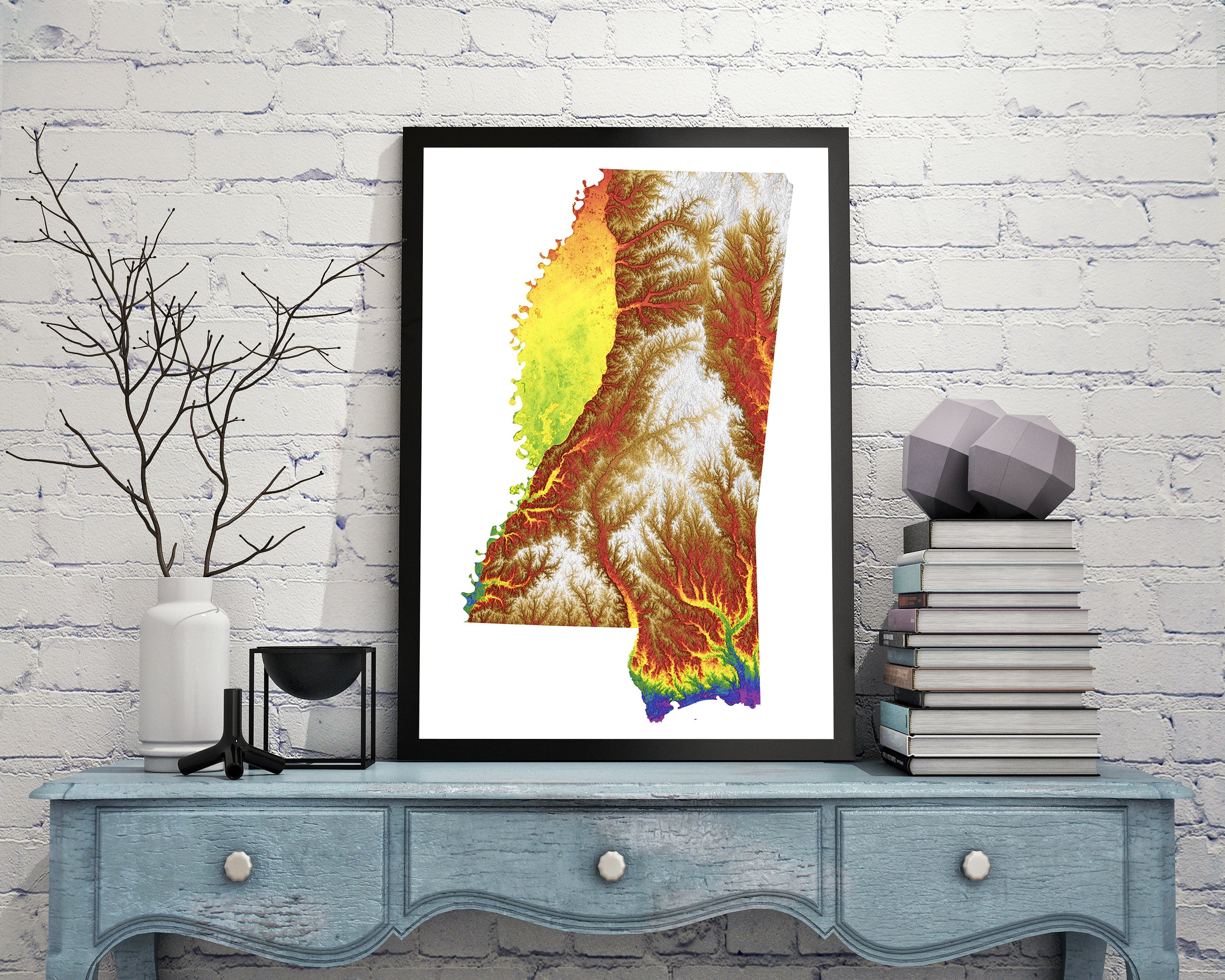 Mississippi Color Elevation Map Wall Art Poster Print In Frame