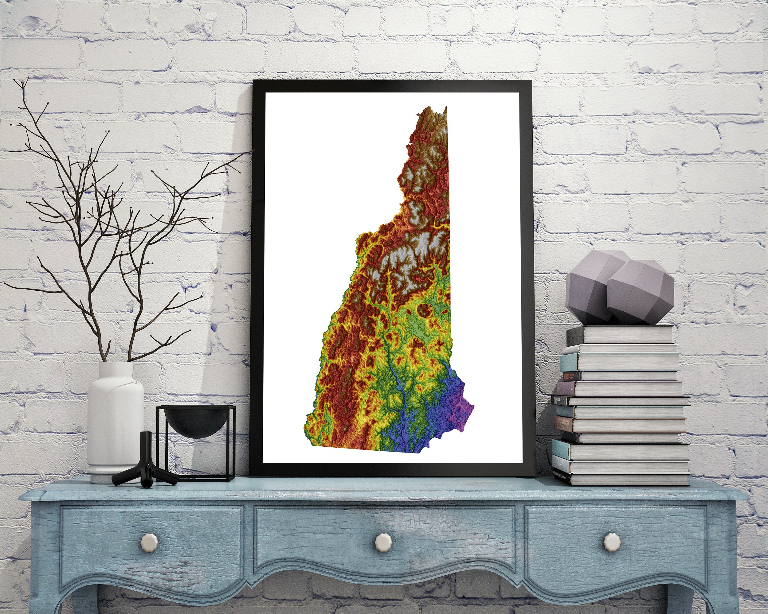 New Hampshire Color Elevation Map Wall Art Poster Print In Frame