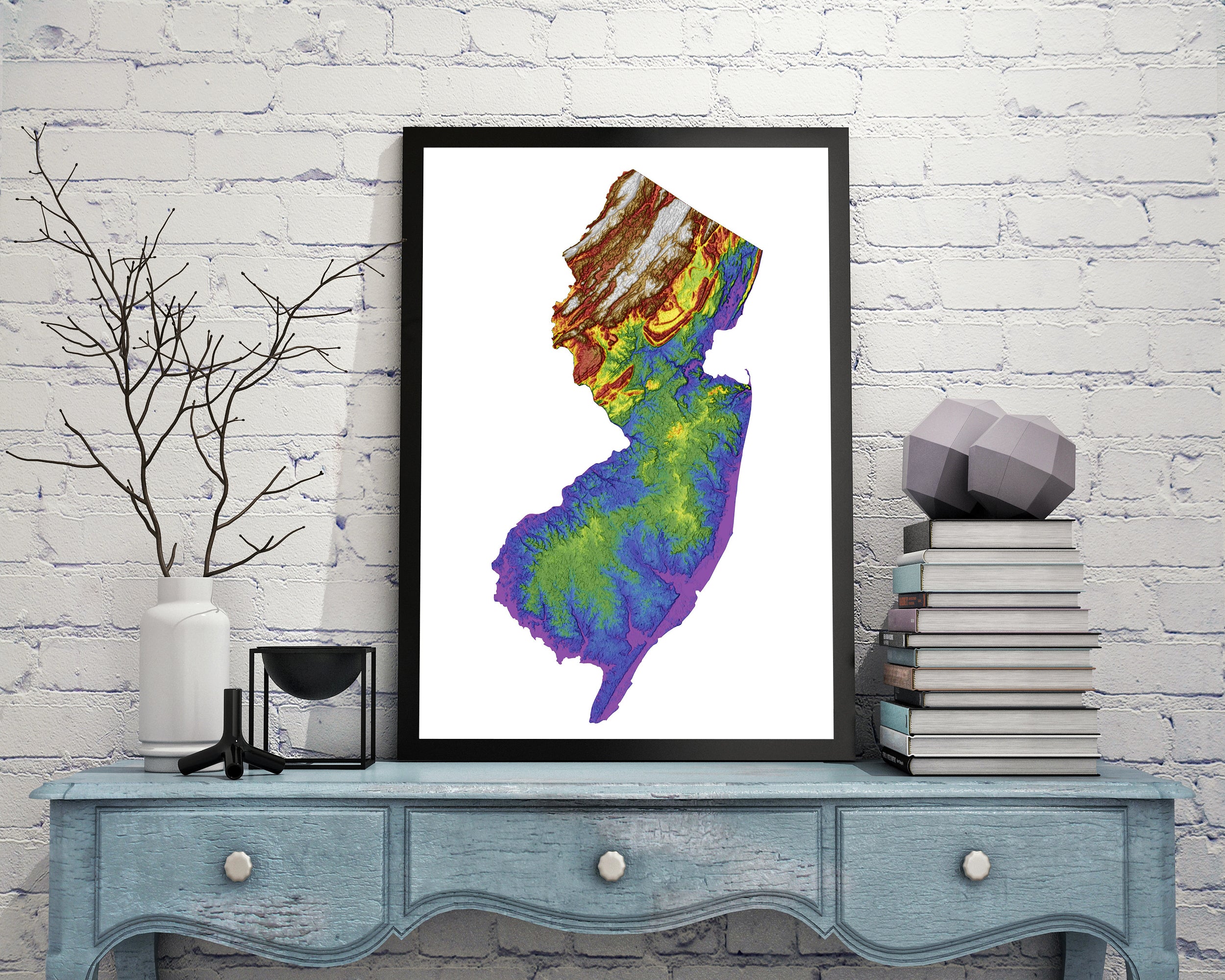New Jersey Color Elevation Map Wall Art Poster Print In Frame