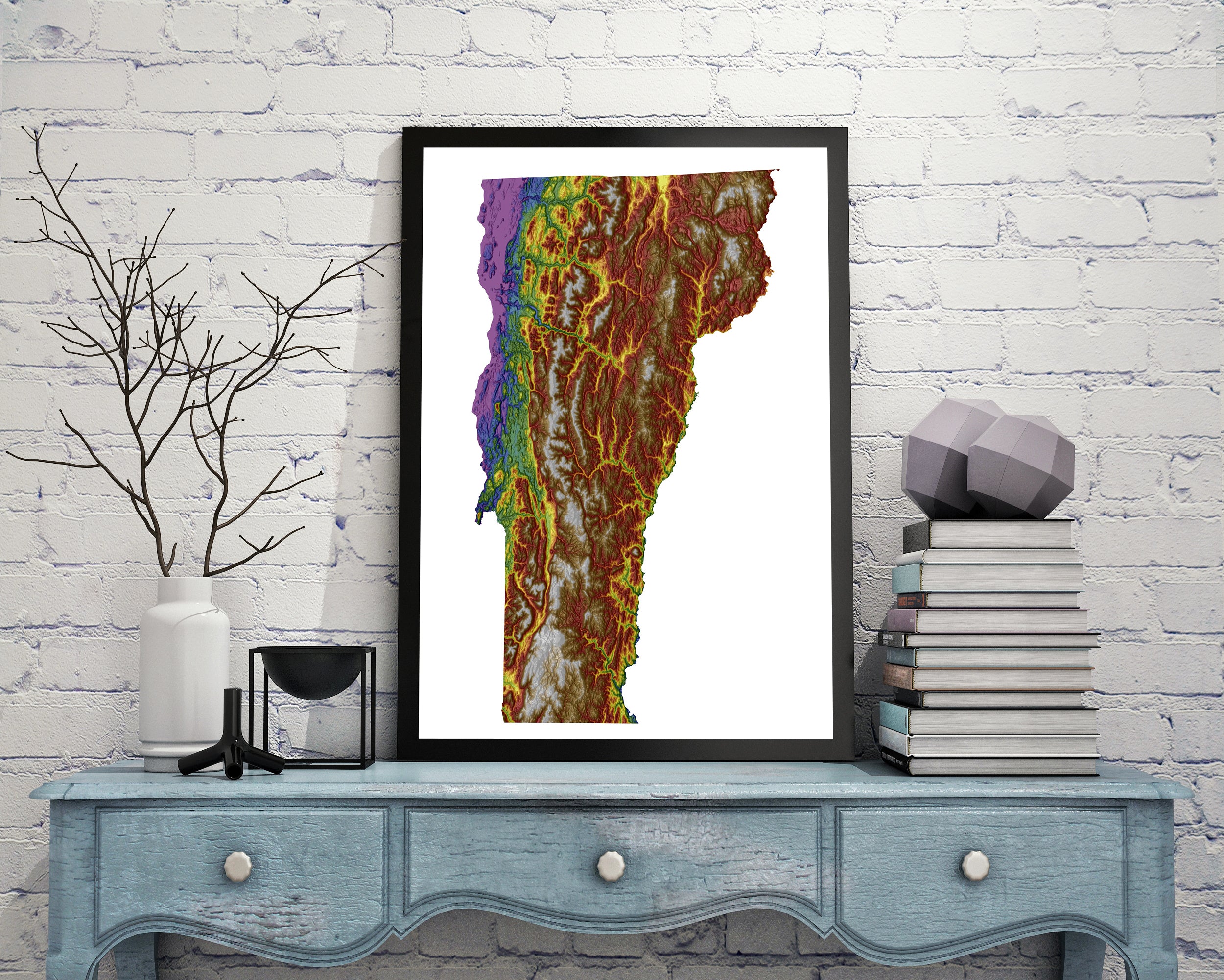 Vermont Color Elevation Map Wall Art Poster Print In Frame