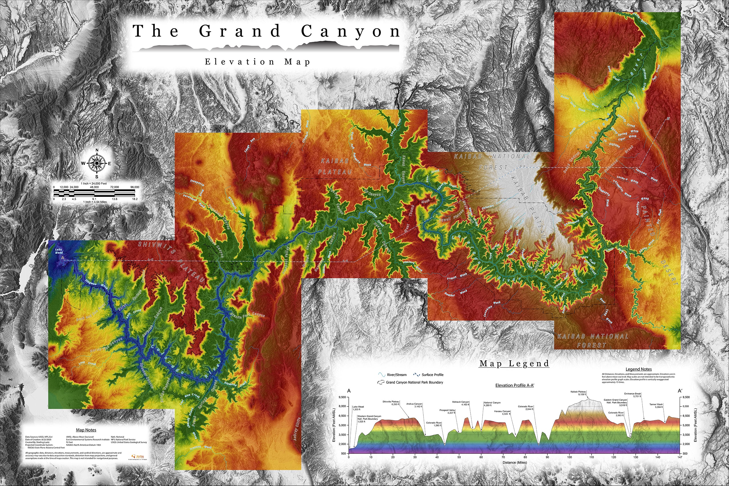 Grand Canyon Elevation Map 24in x36 in