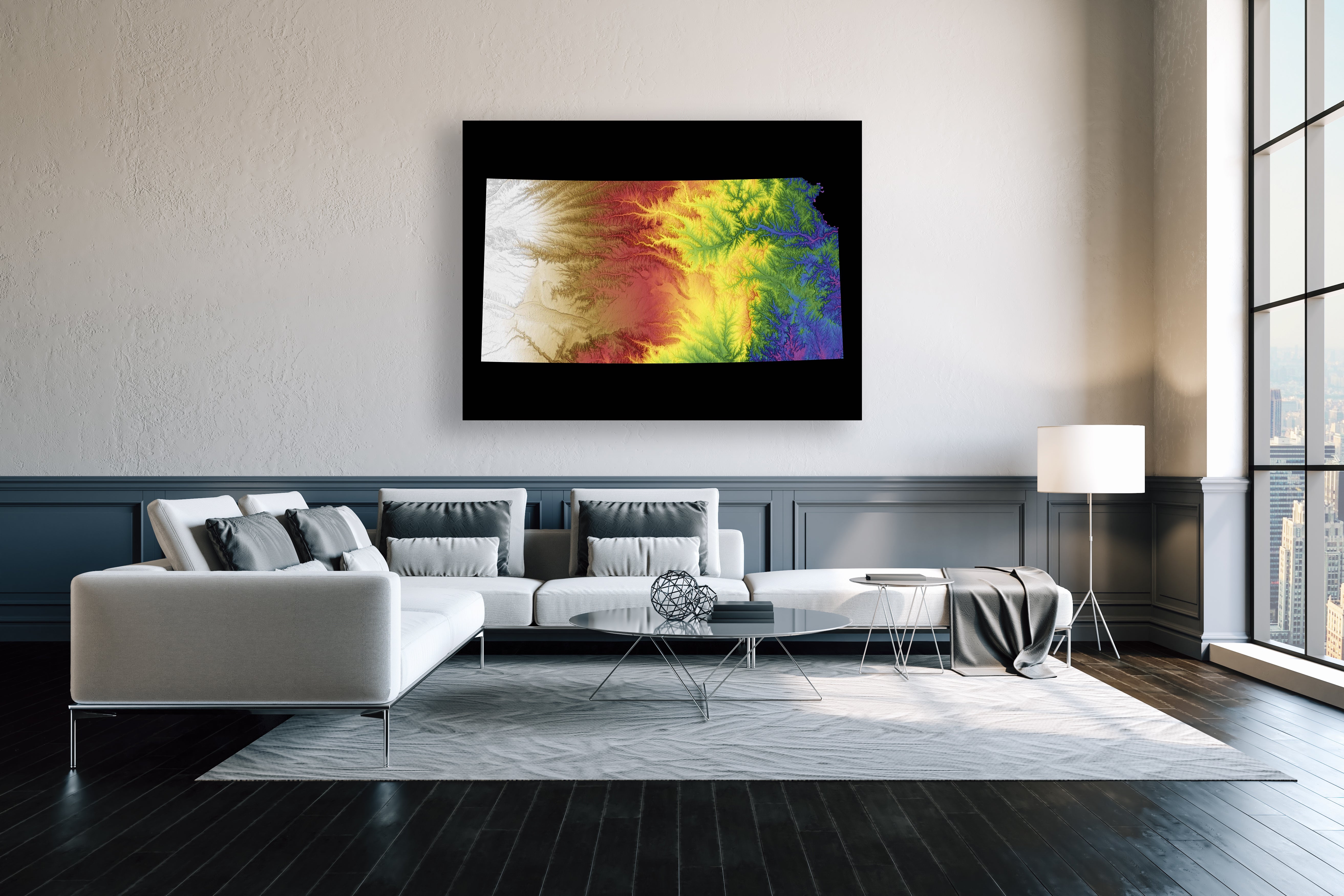 Kansas Color Elevation Map Wall Art Poster Print In Frame