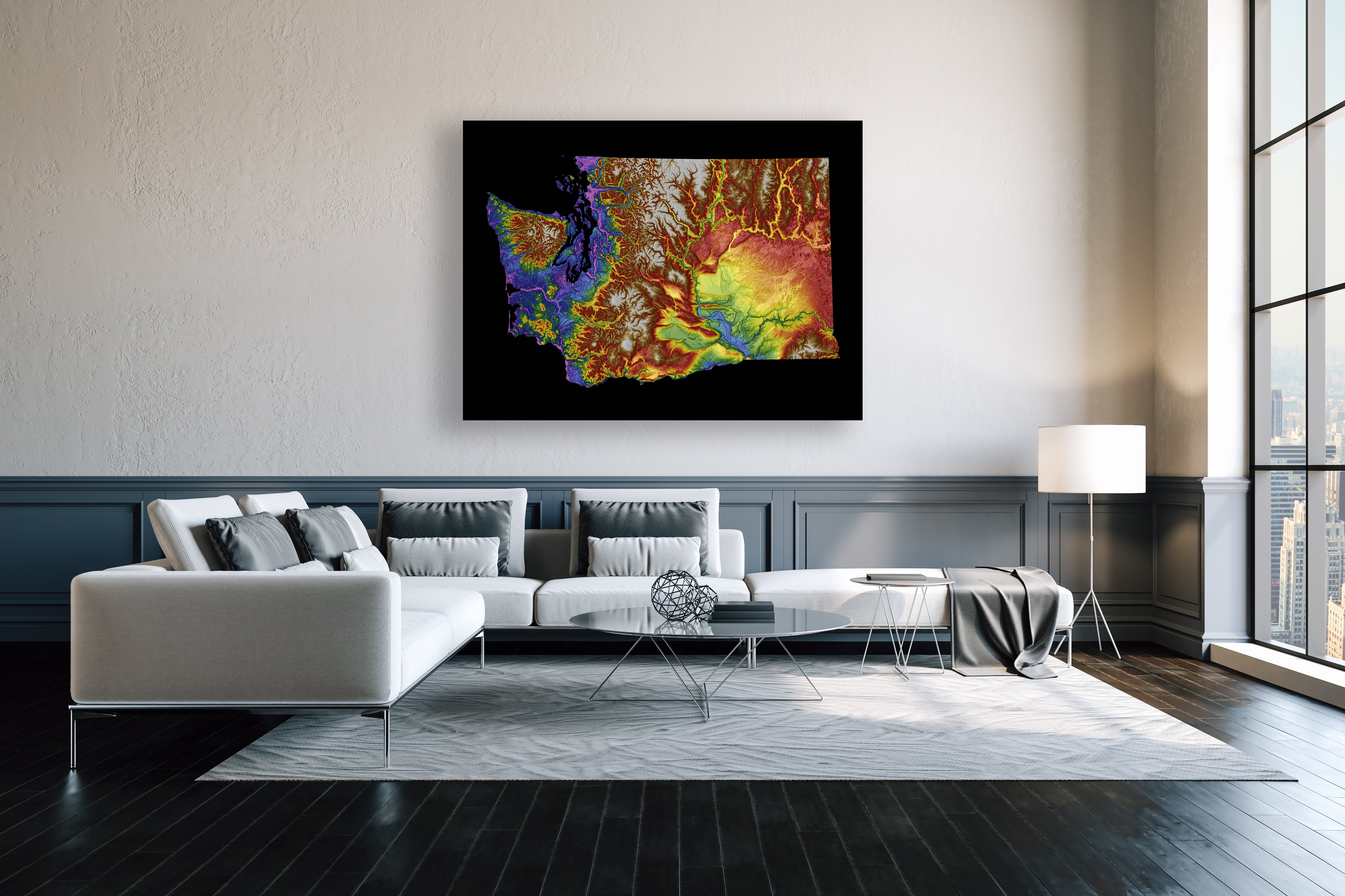 Washington Color Elevation Map Wall Art Poster Print In Frame