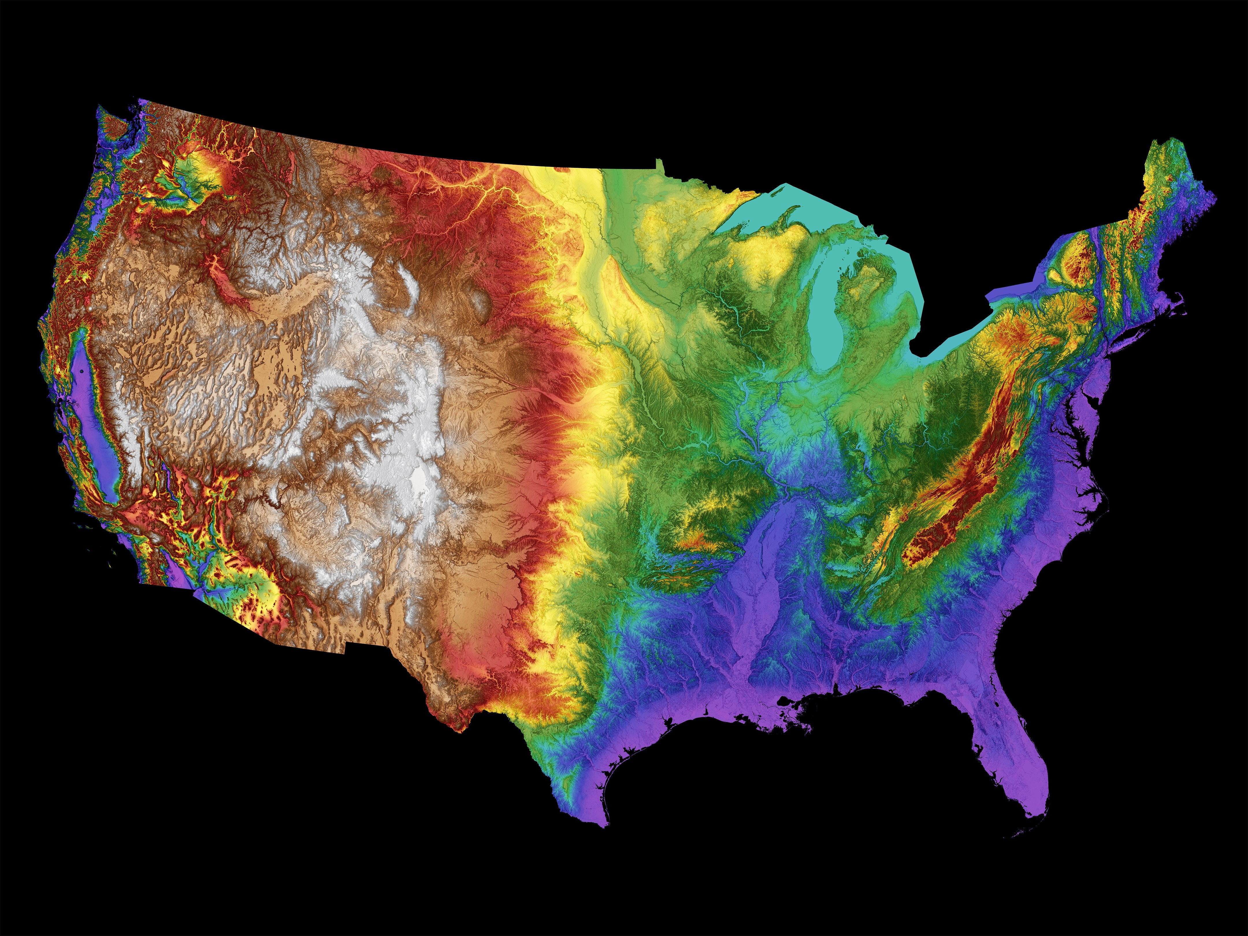 USA Color Elevation Map (Contiguous) Wall Art Poster Print With Black Background