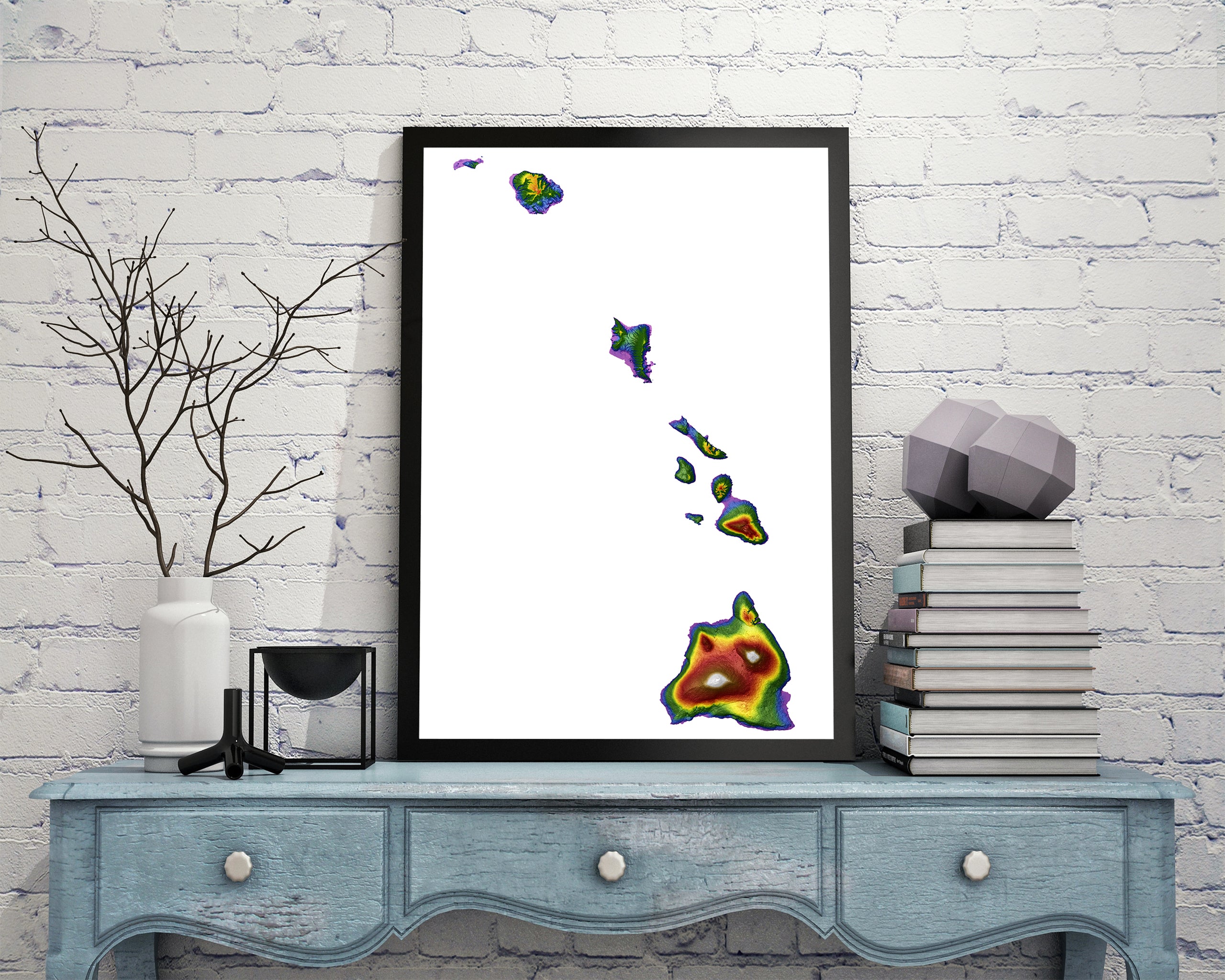 Hawaii Color Elevation Map Wall Art Poster Print Framed